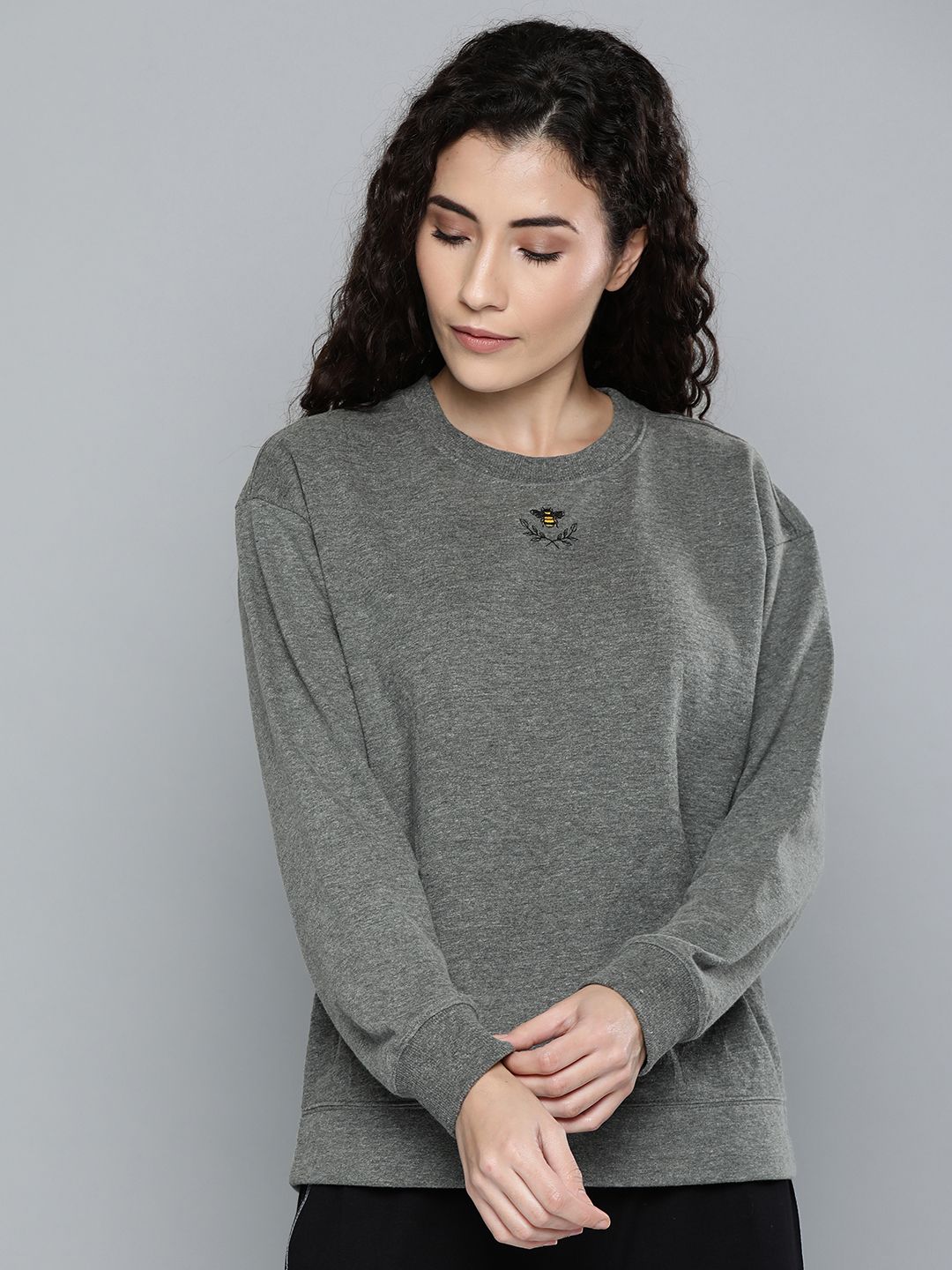 Chemistry Women Grey Melange Solid Round Neck Lounge Sweatshirt with Embroidery Price in India