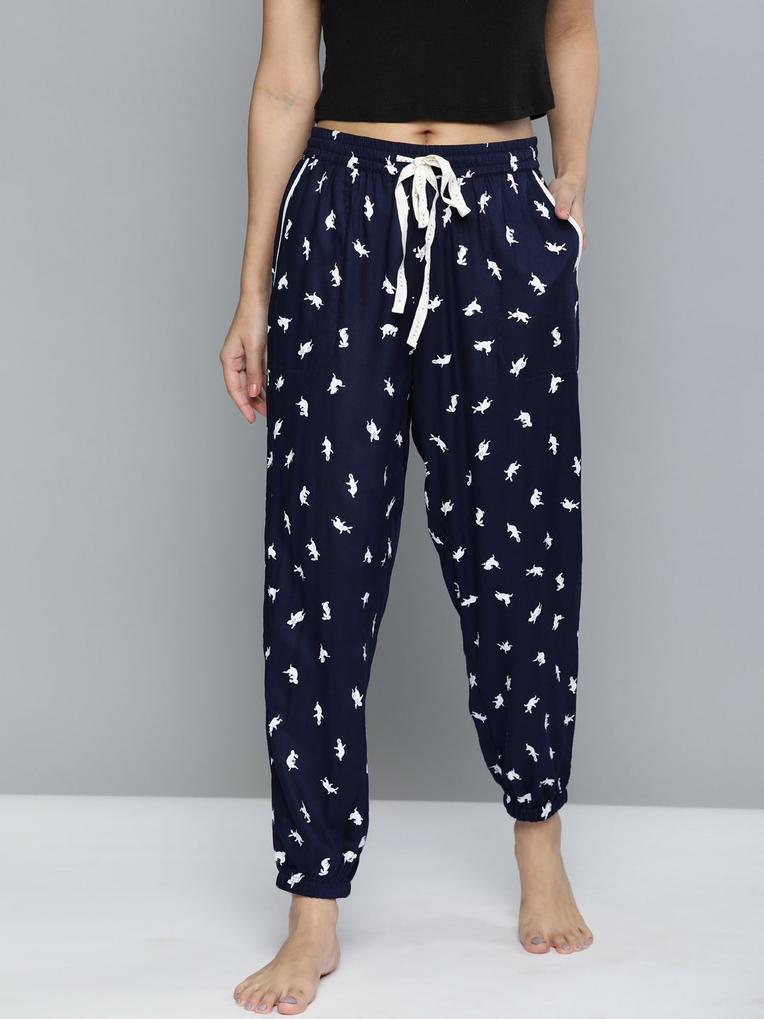 Chemistry Women Navy Blue Printed Lounge Pants Price in India