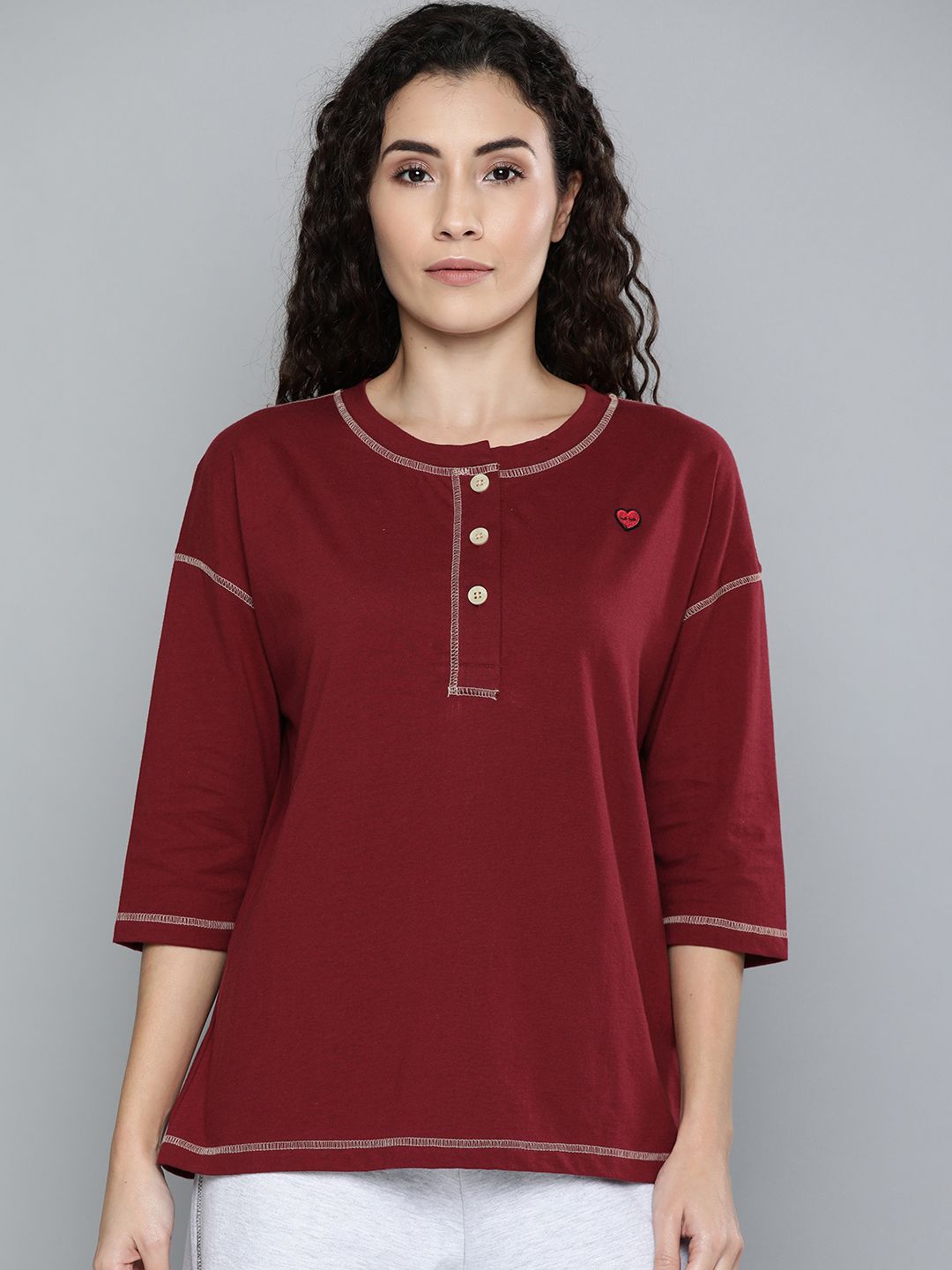 Chemistry Women Maroon Solid Round Neck Lounge T-shirt Price in India