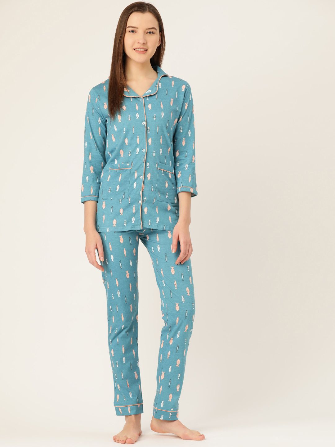 MBeautiful Women Blue & Peach-Coloured Fish Printed Night suit Price in India