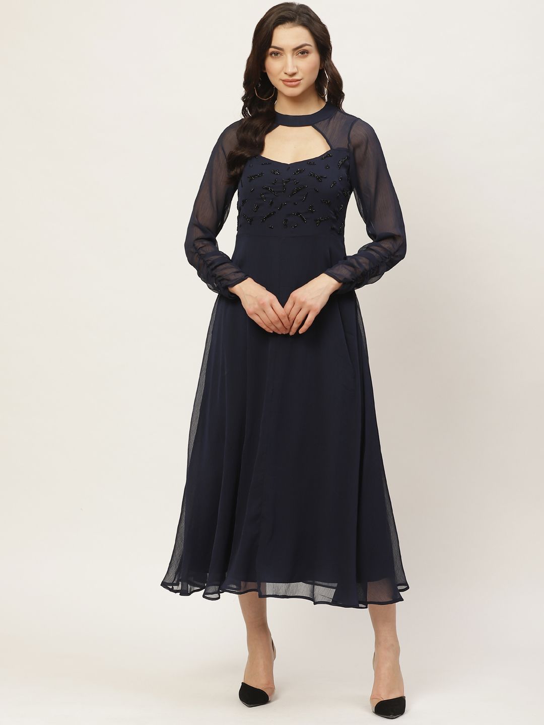Antheaa Women Navy Blue Embellished Midi A-Line Dress Price in India