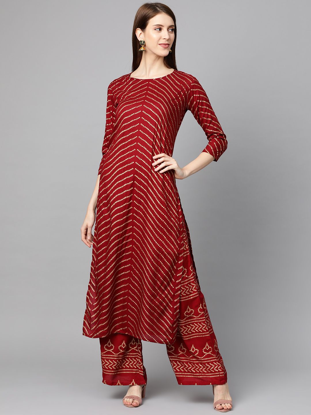 mokshi Women Maroon & Golden Bandhani Print Kurta with Palazzos Price in India