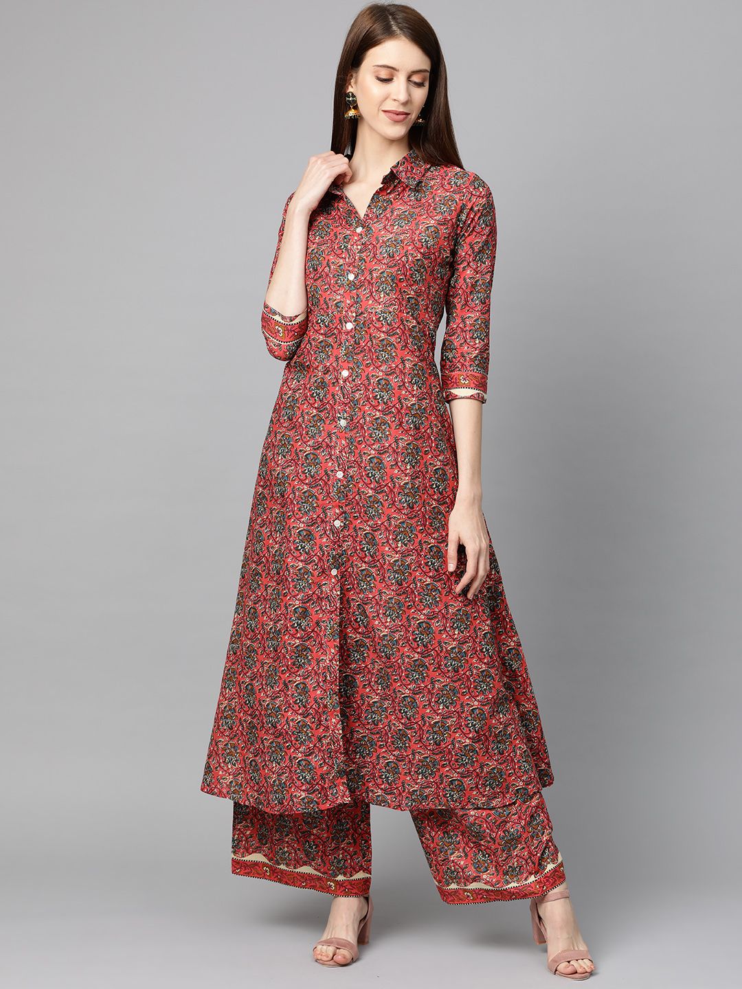 mokshi Women Coral Pink & Teal Blye Printed Kurta with Palazzos Price in India