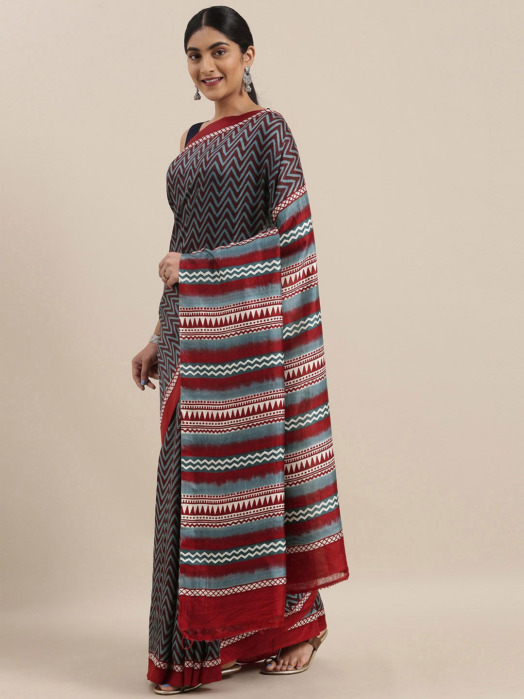 Taneira Red & Blue Pure Silk Printed Murshidabad silk Saree Price in India
