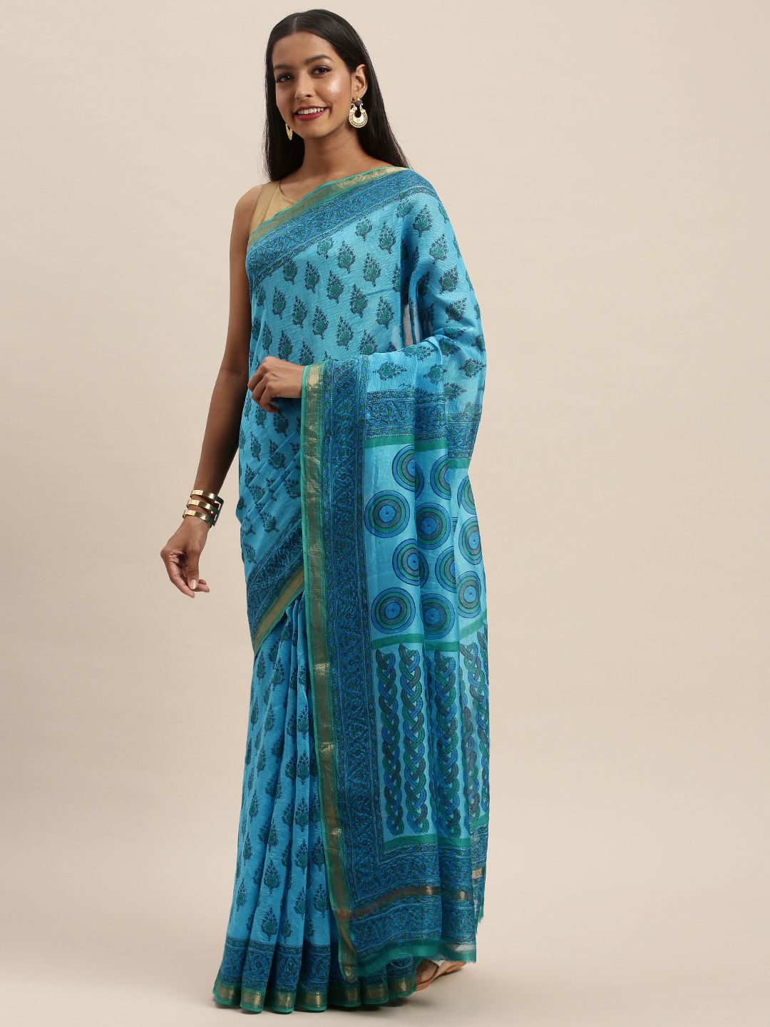 Taneira Blue & Green Silk Cotton Printed Maheshwari Saree Price in India