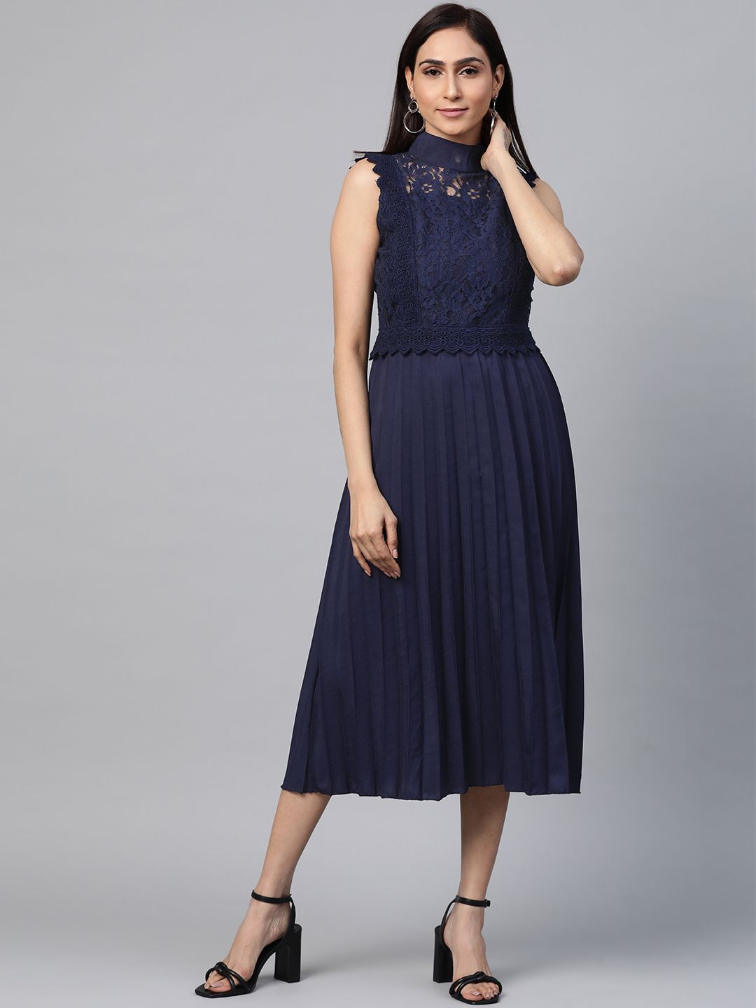 plusS Women Navy Blue Lace Detail Accordion Pleated A-Line Dress Price in India