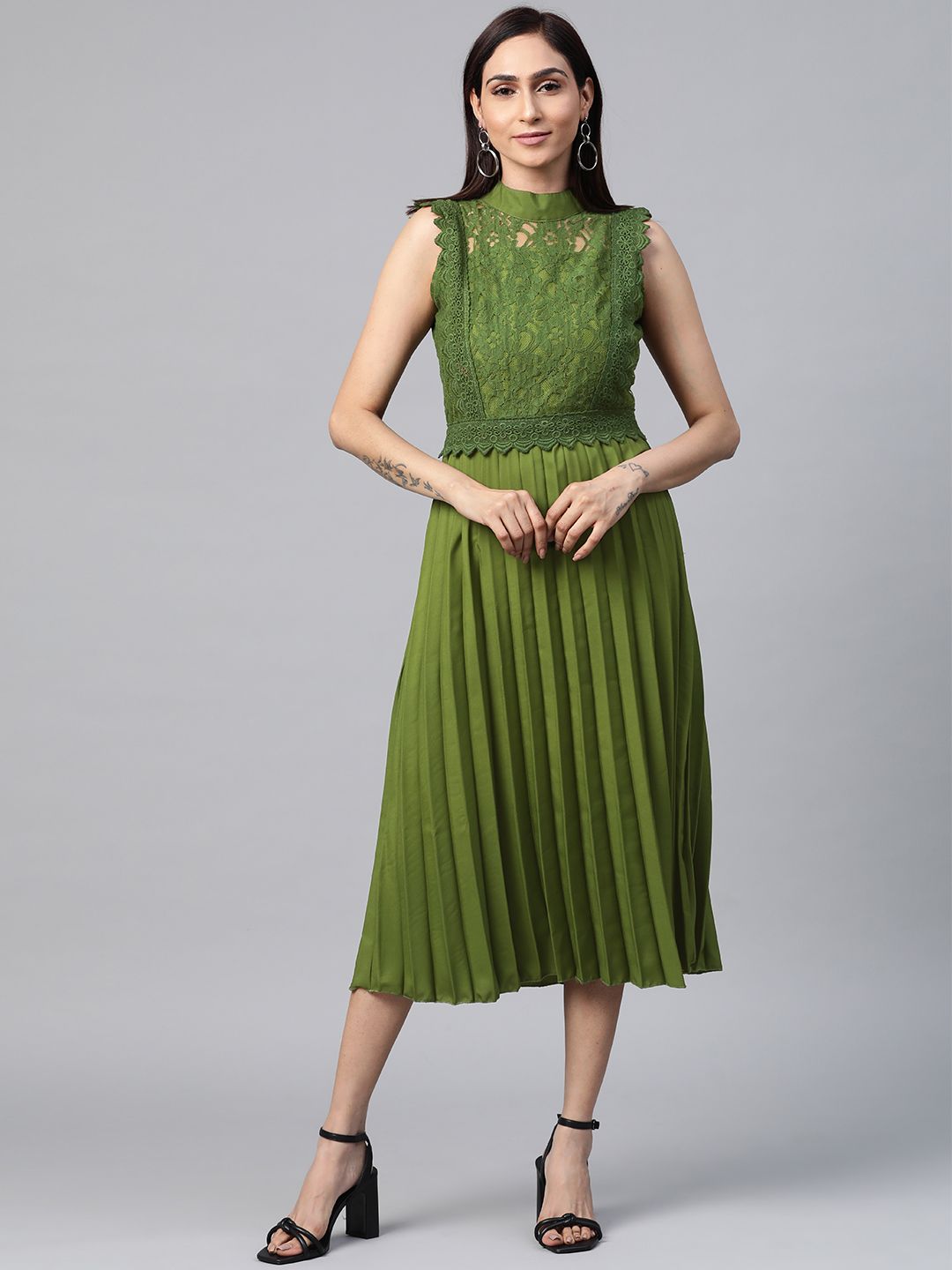 plusS Women Olive Green Self Design A-Line Dress Price in India