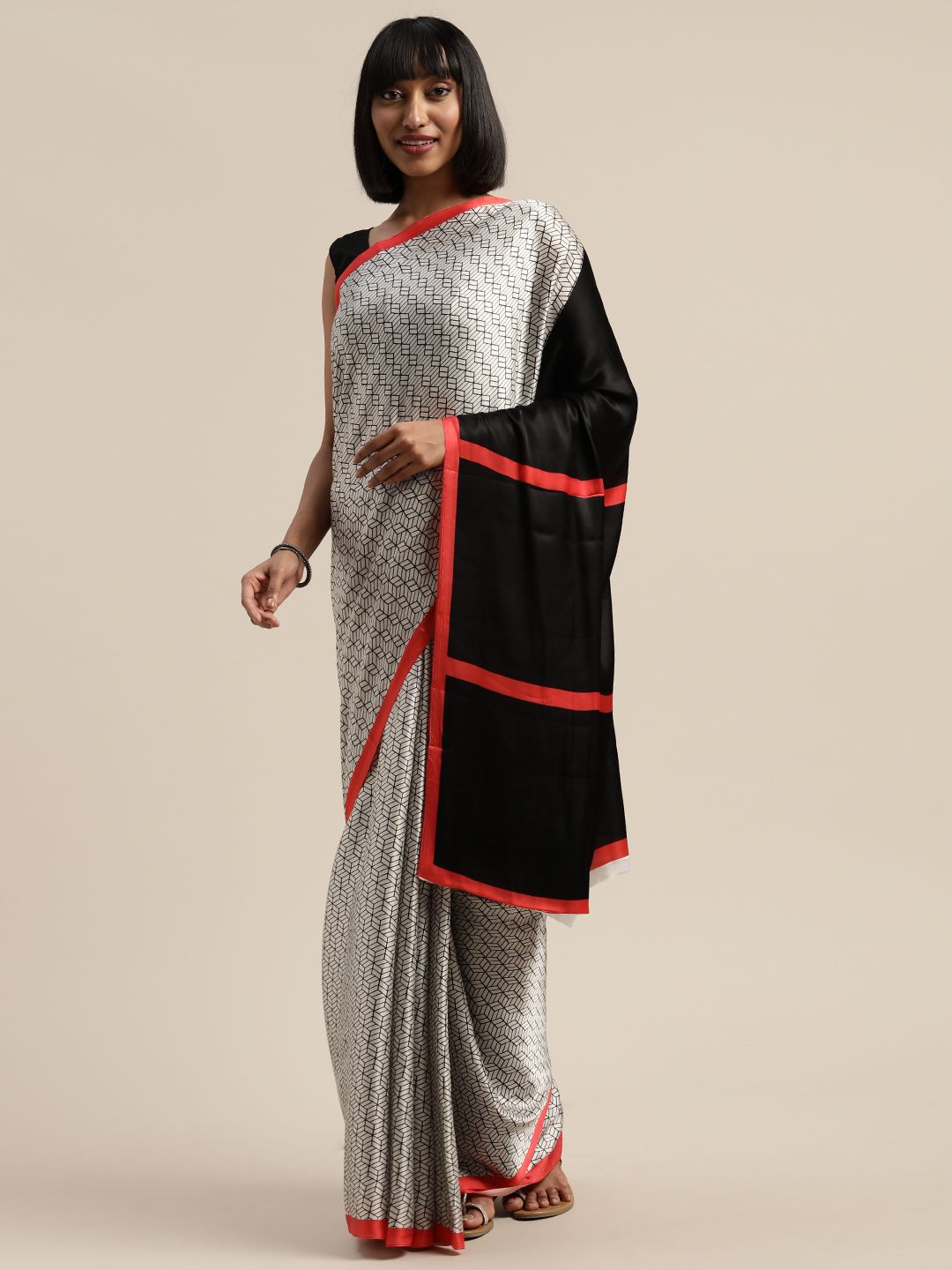 Mitera Grey & Black Liva Geometric Printed Saree Price in India