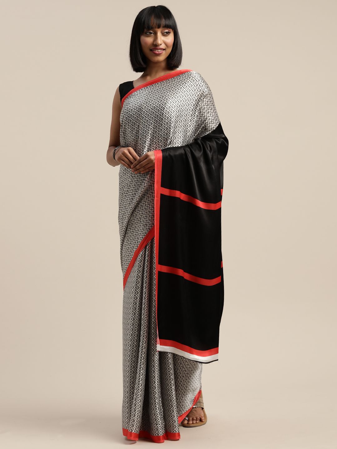 Mitera White & Black Liva Geometric Printed Saree Price in India