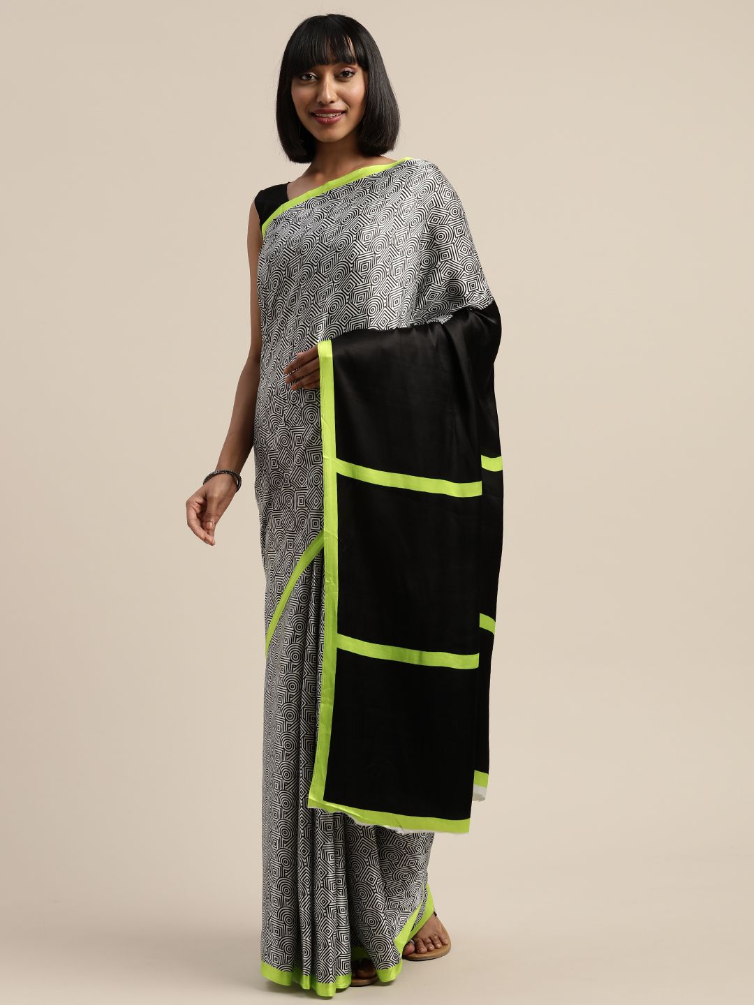 Mitera Black & White Liva Printed Sustainable Saree Price in India