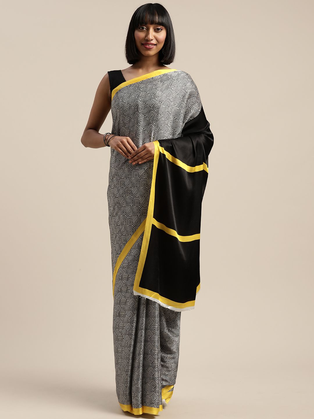 Mitera Black & White Liva Geometric Printed Saree Price in India