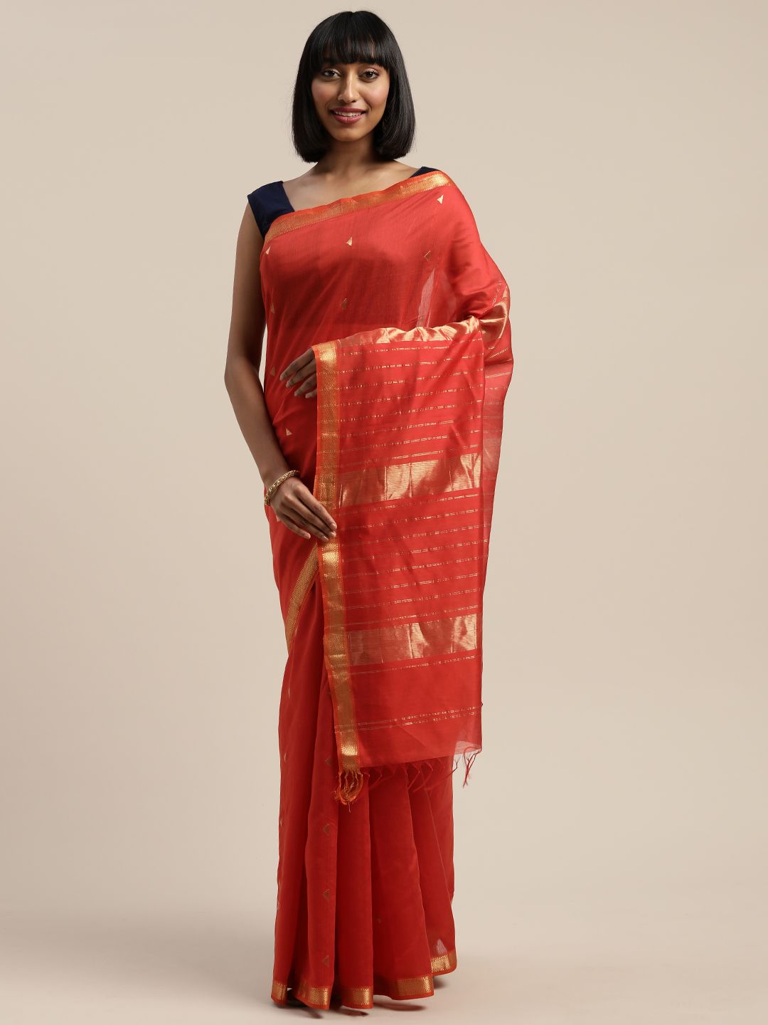 Mitera Red & Gold-Toned Liva Woven Design Maheshwari Saree Price in India