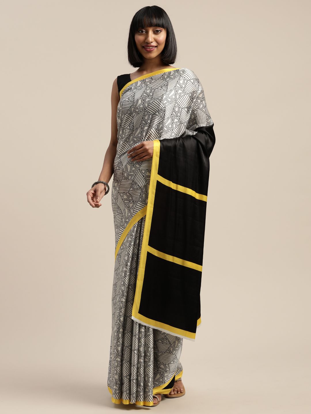 Mitera White & Black Liva Printed Saree Price in India