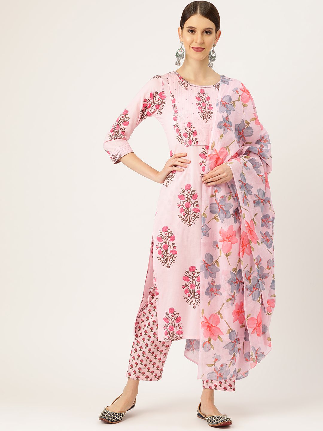 Prakrti Women Pink & Green Floral Mughal Boota Printed  Sustainable Kurta with Trousers & Dupatta Price in India