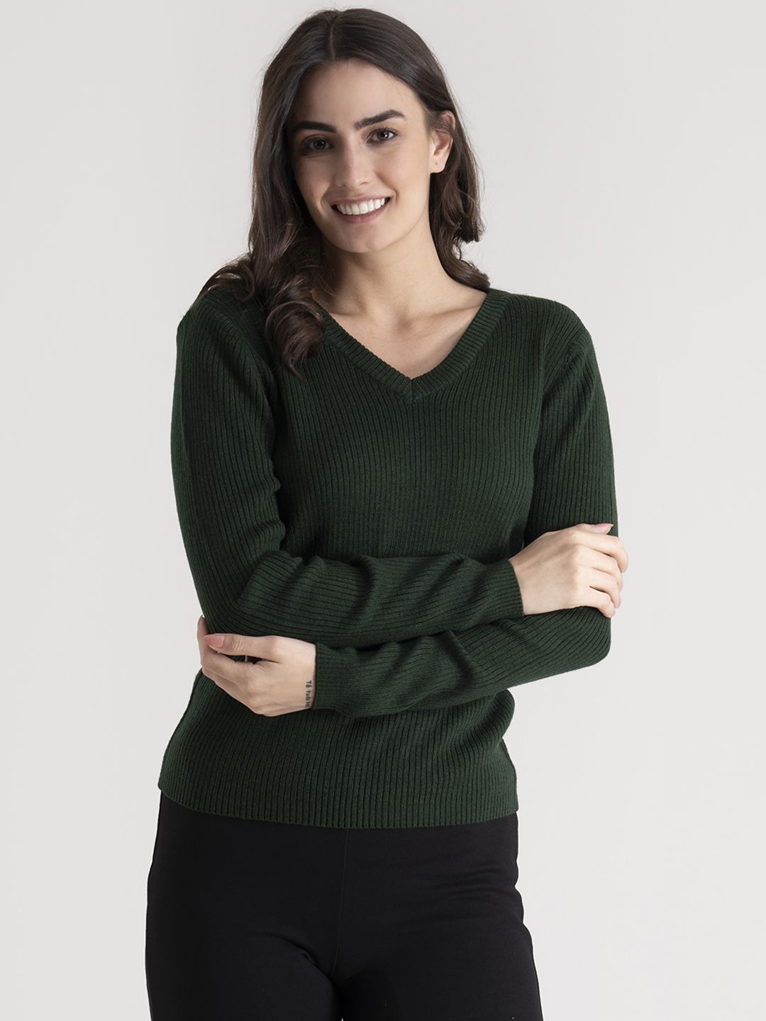 FableStreet Women Olive Green Solid Pullover Sweater Price in India