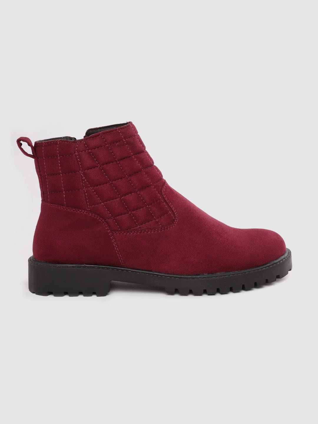DressBerry Women Maroon Solid Suede Finish Mid-Top Flat Boots with Quilted Detail Price in India