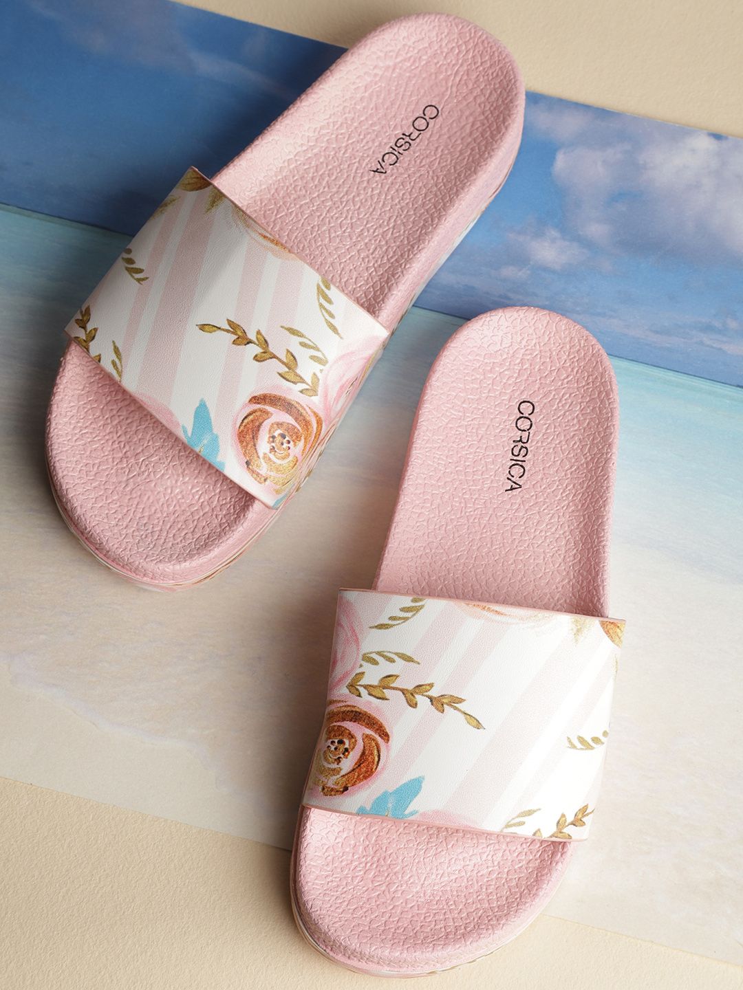 CORSICA Women White & Pink Printed Sliders Price in India