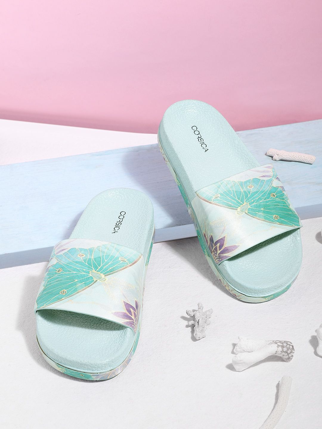 CORSICA Women Blue & Purple Butterfly Print Sliders Price in India