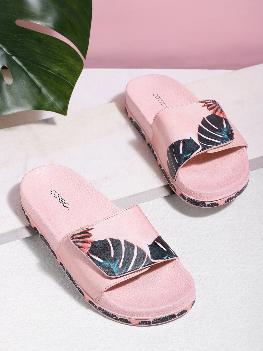 CORSICA Women Pink & Teal Green Tropical Print Sliders Price in India