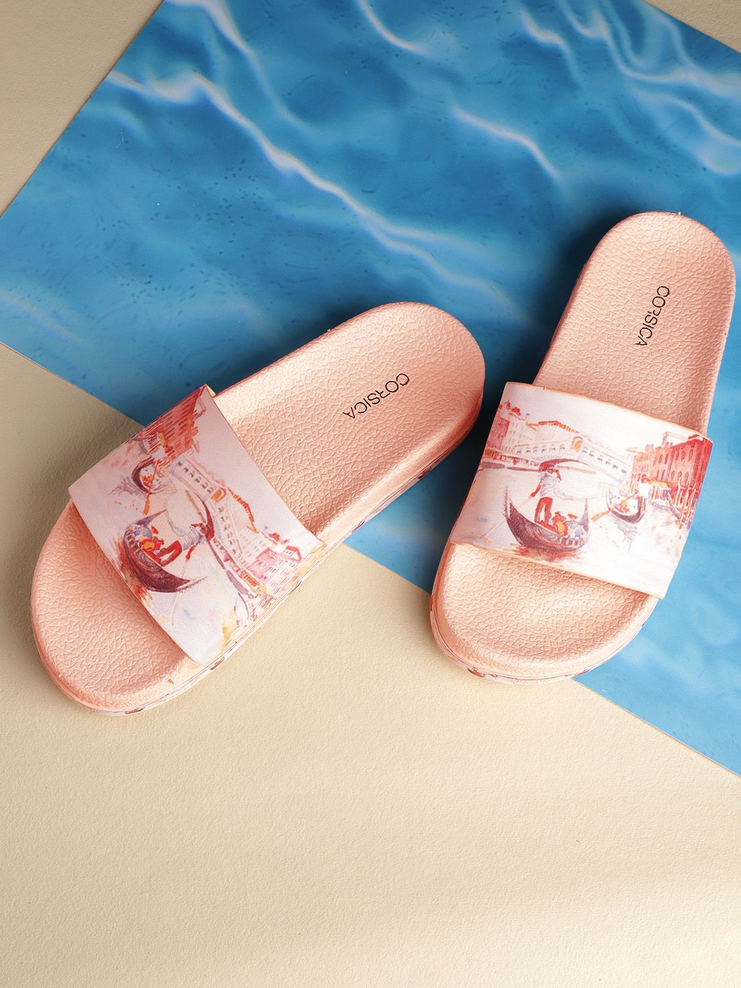 CORSICA Women Off-White & Blue Graphic Print Sliders Price in India