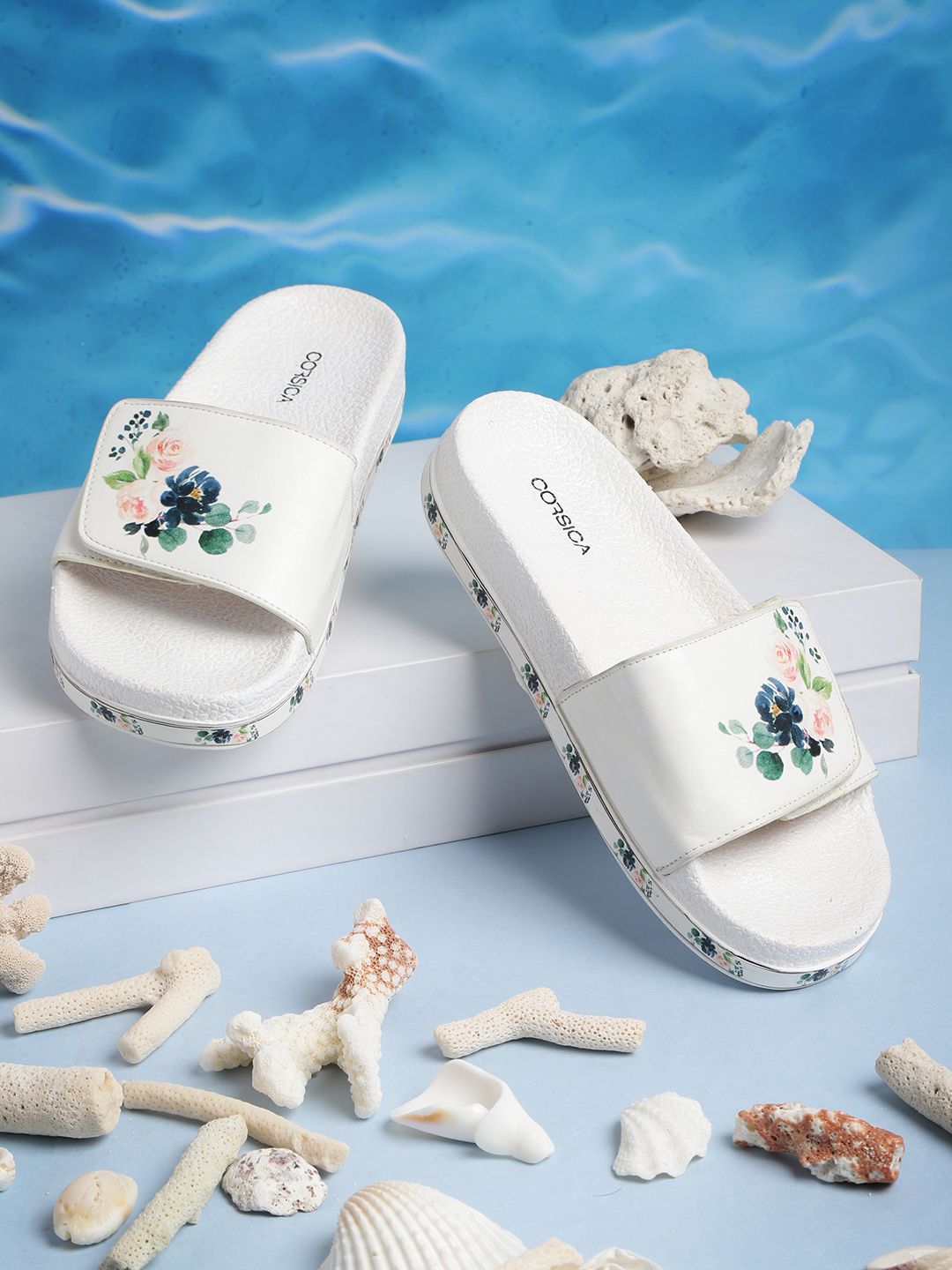 CORSICA Women White & Green Floral Print Sliders Price in India