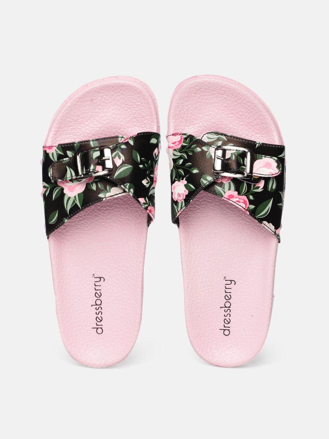 DressBerry Women Black & Pink Printed Sliders Price in India