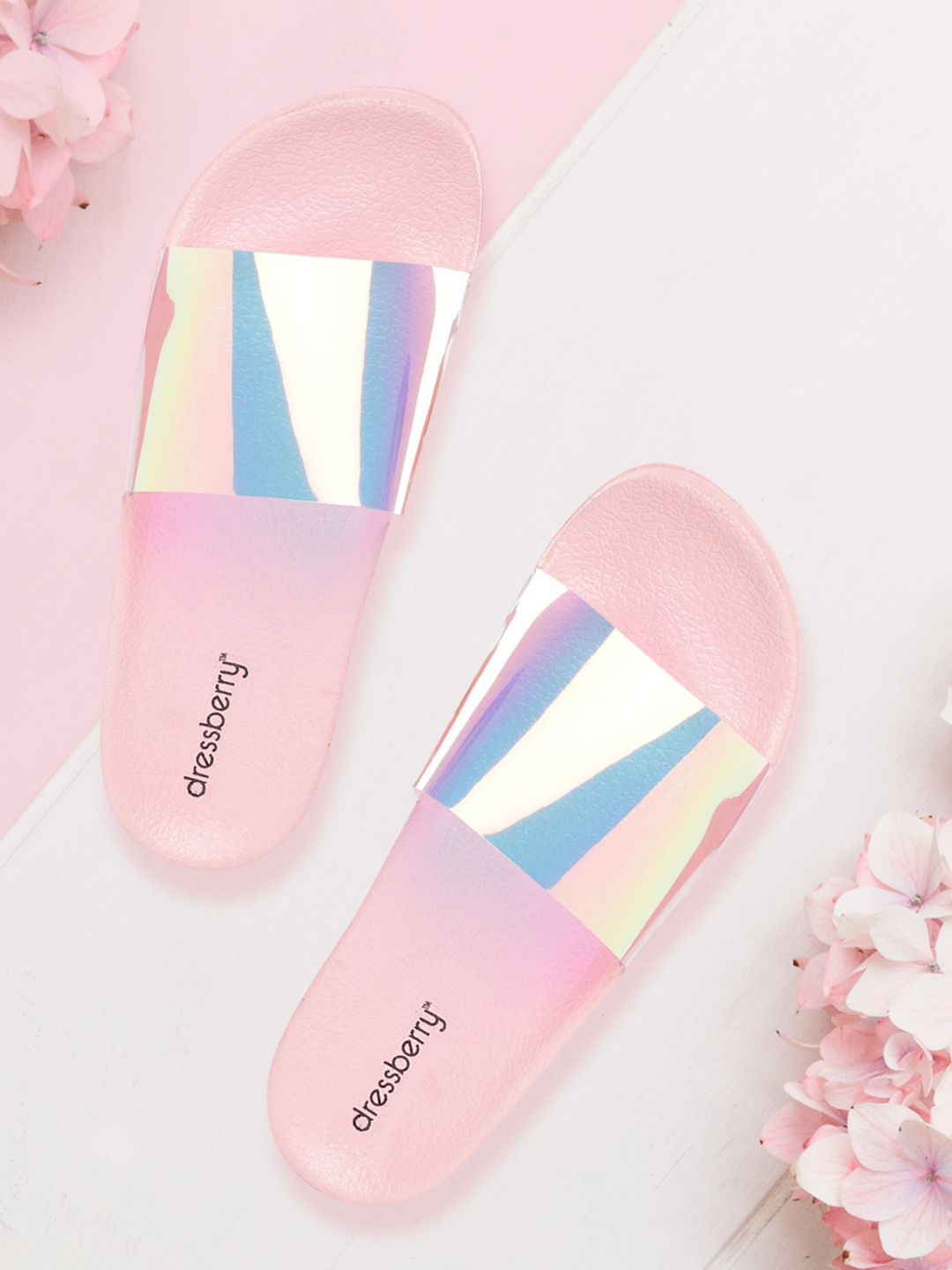 DressBerry Women Pink & Blue Iridescent Effect Sliders Price in India