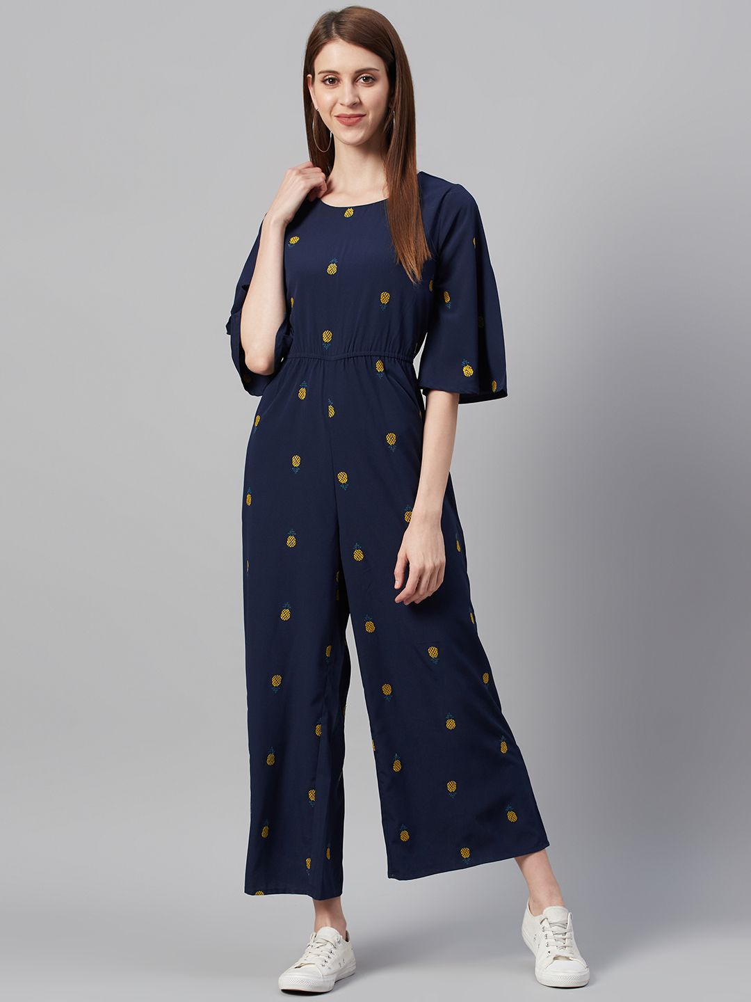 Juniper Women Navy Blue & Mustard Yellow Pineapple Embroidered Basic Jumpsuit Price in India