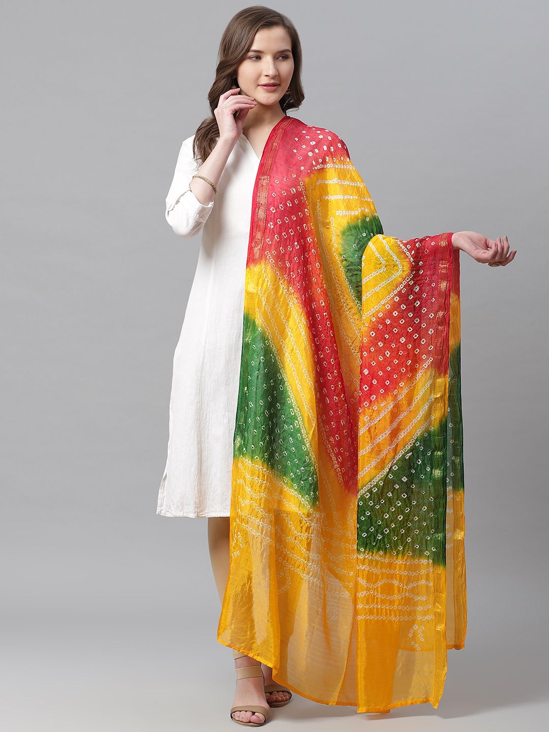 Juniper Mustard Yellow & Green Bandhani Print Dupatta Price in India