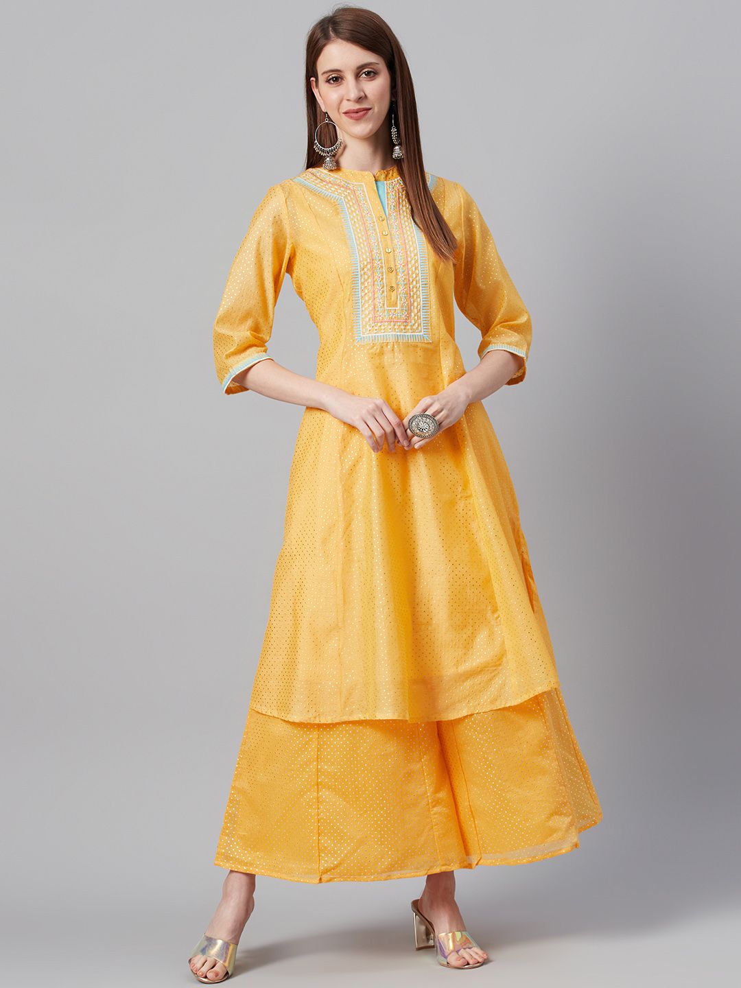 Juniper Women Mustard Yellow & Golden Foil Print A-Line Kurta