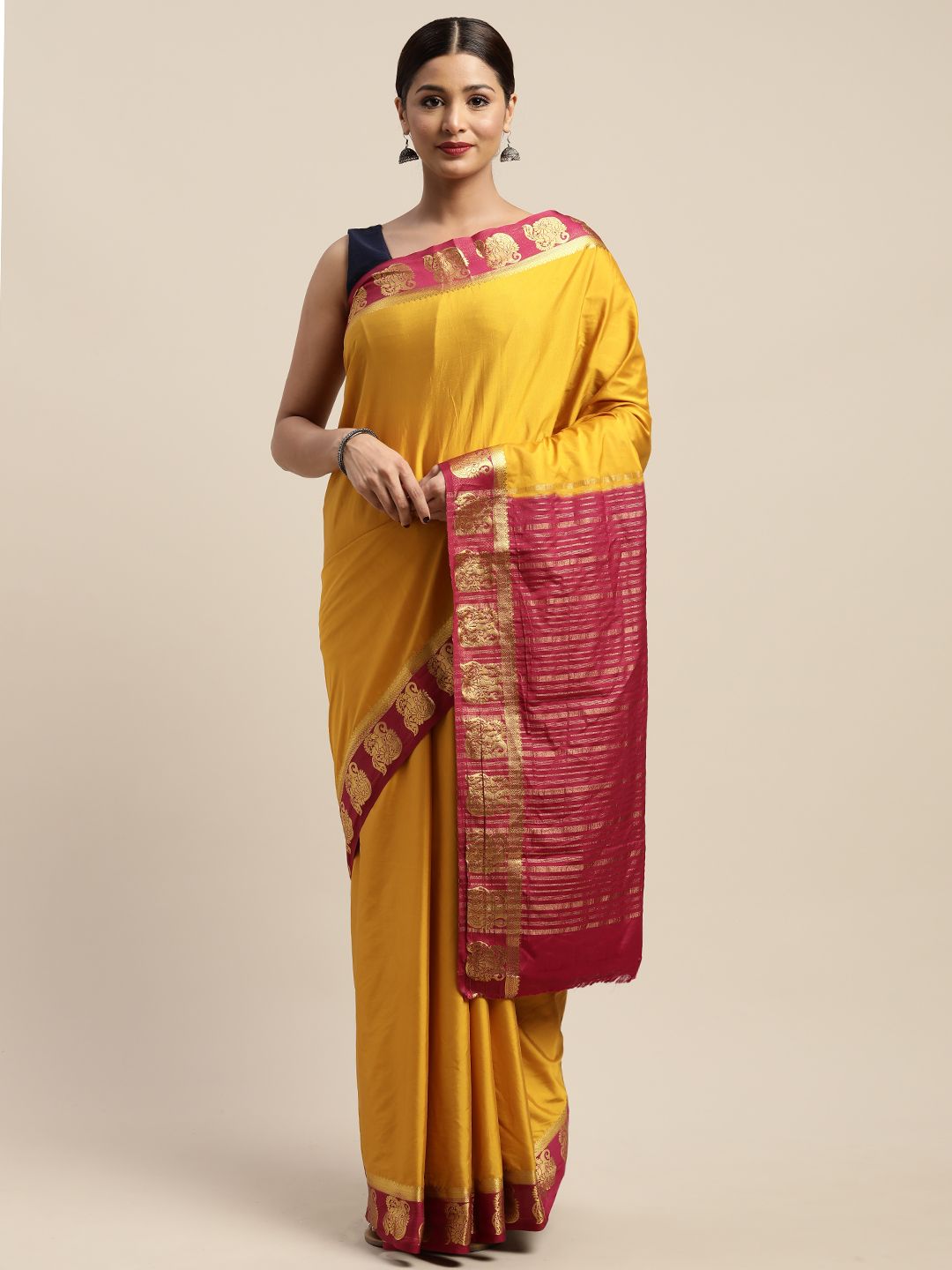 Mitera Yellow & Red Poly Crepe Solid Mysore Silk Saree Price in India