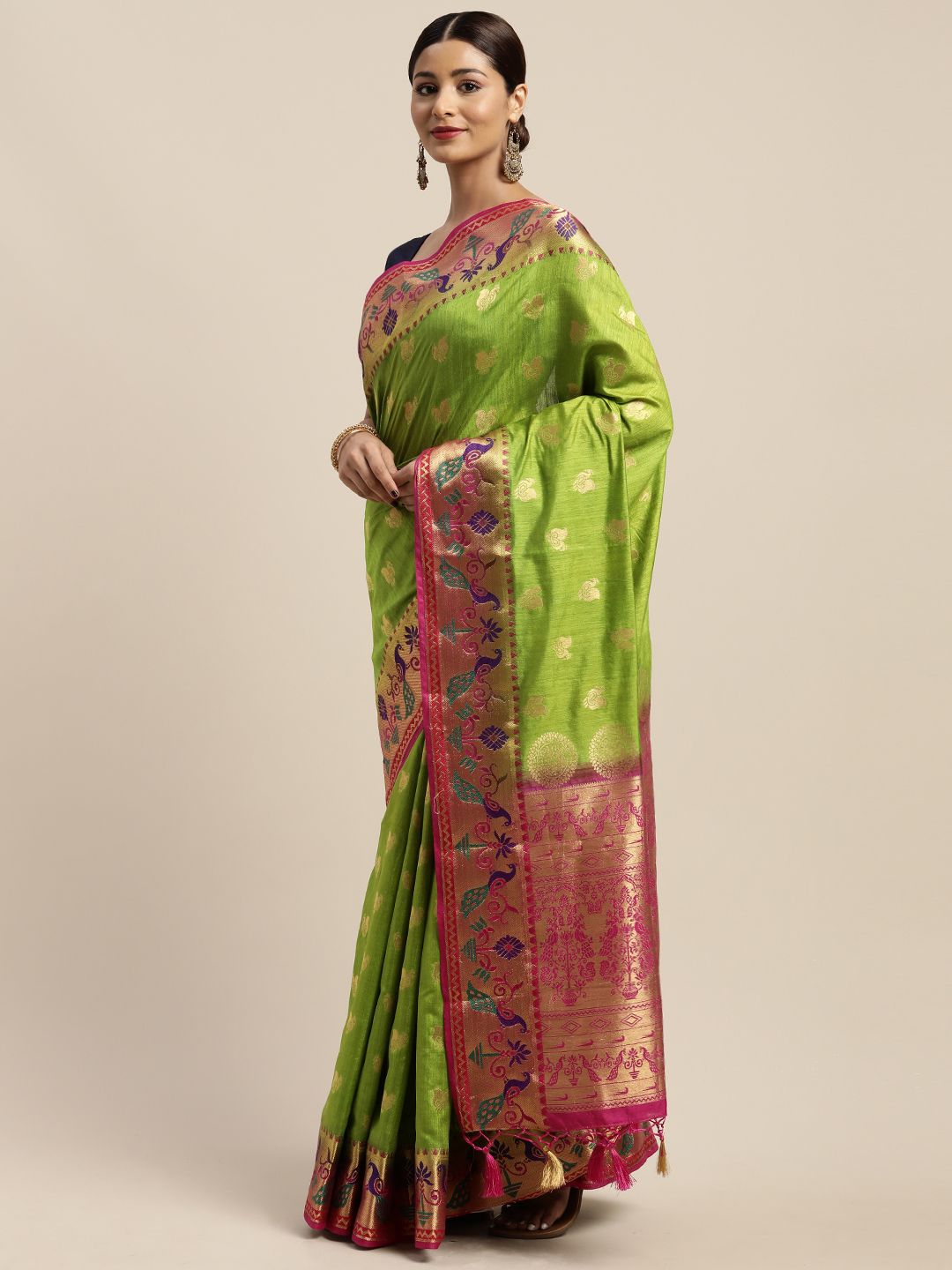 Mitera Green & Gold-Toned Art Silk Woven Design Paithani Saree Price in India