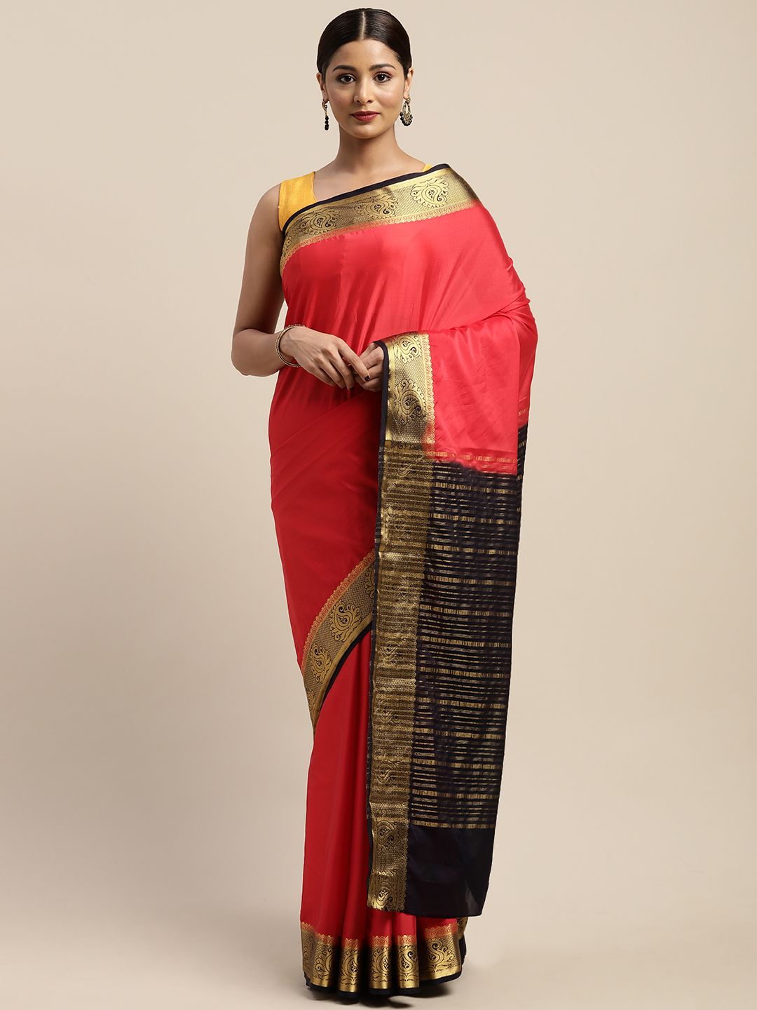 Mitera Coral Red & Navy Blue Solid Mysore Silk Saree Price in India