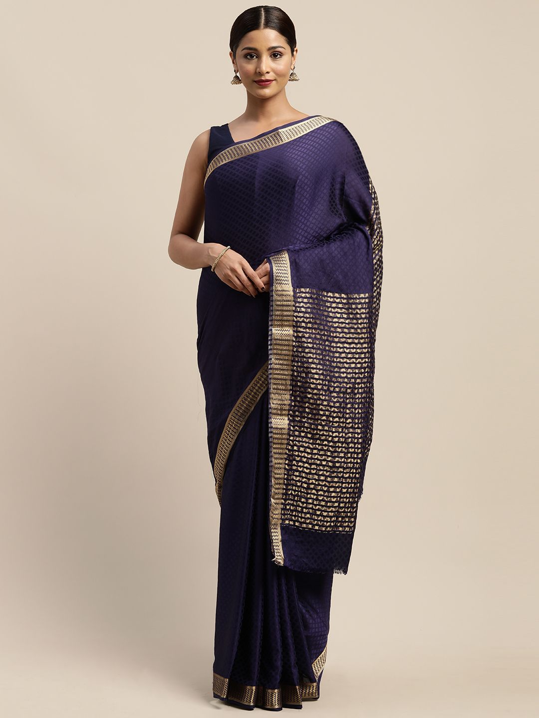 Mitera Navy Blue Woven Design Mysore Silk Saree Price in India