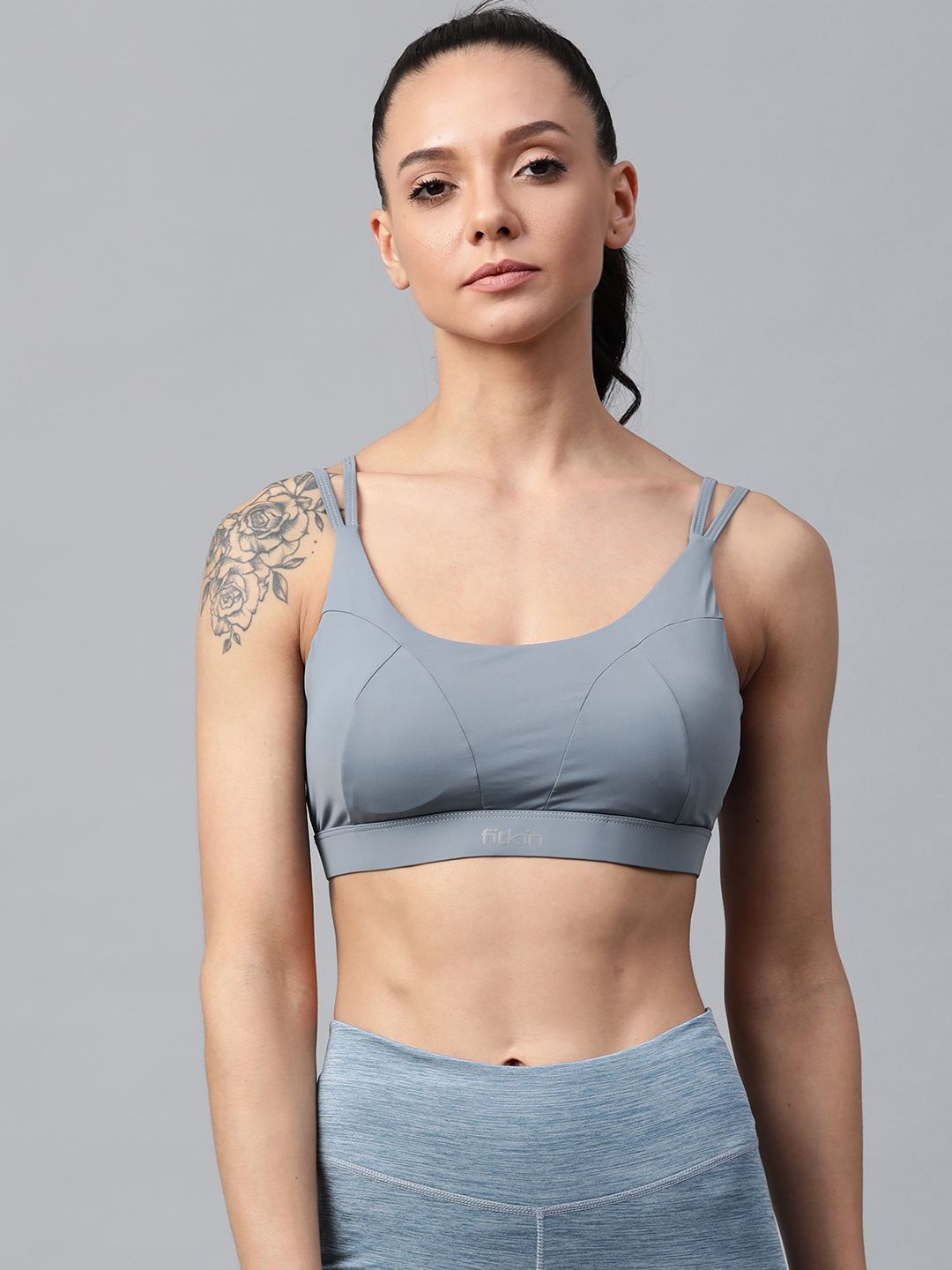 Fitkin Blue Solid Removable Padded Non-Wired Airlift Intrigue Sports Bra B27 Price in India