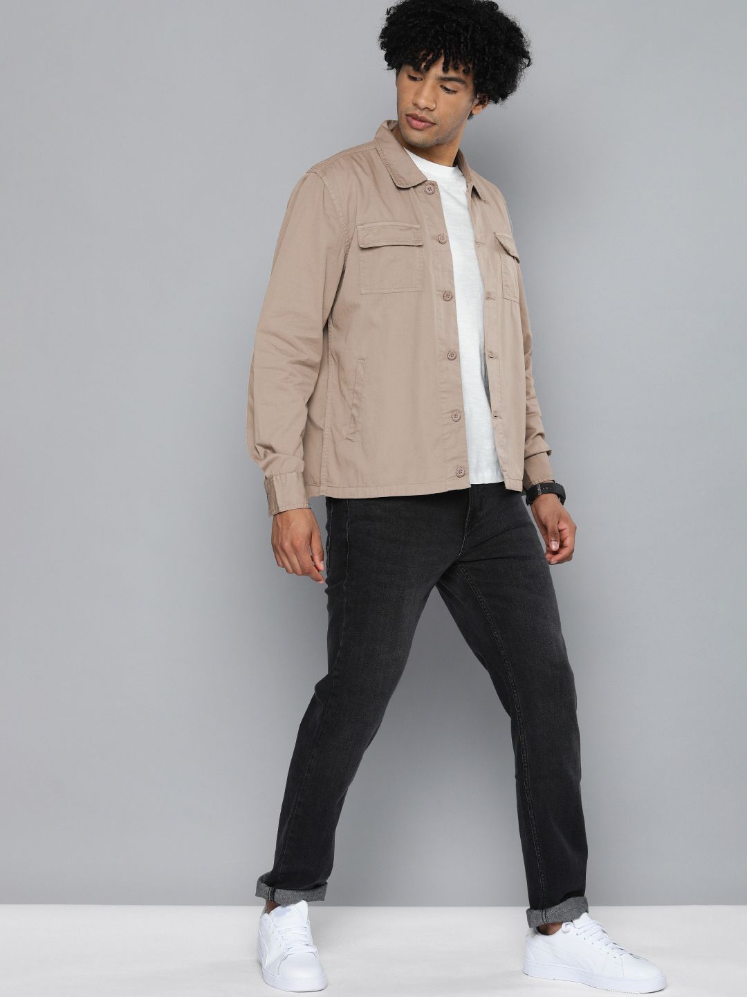 The Indian Garage Co The Indian Garage Co Men Utililty Regular Fit Solid Shirt with Double flap Pocket