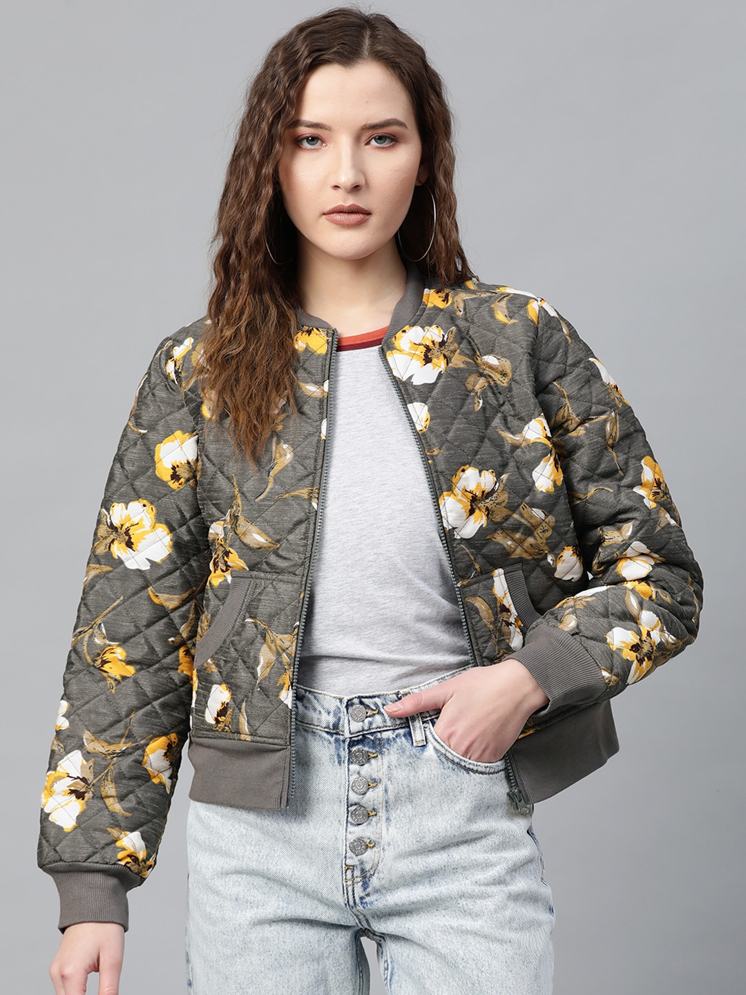 SASSAFRAS Women Charcoal Grey & Yellow Floral Print Quilted Jacket Price in India