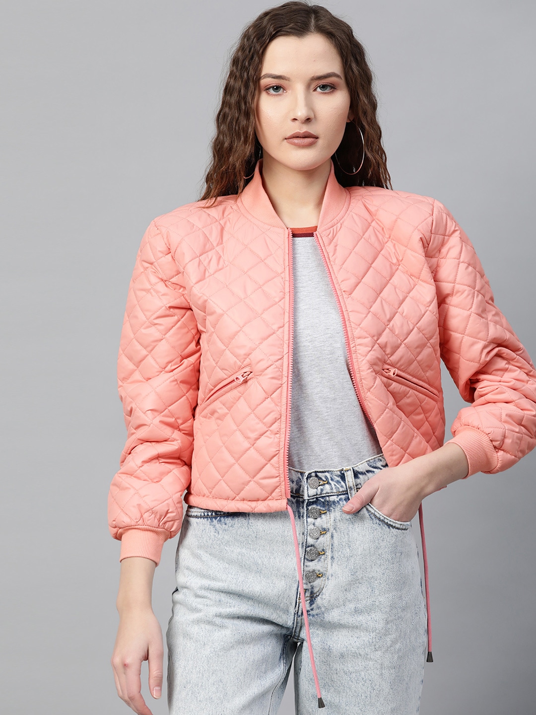 SASSAFRAS Women Peach-Coloured Solid Quilted Jacket Price in India