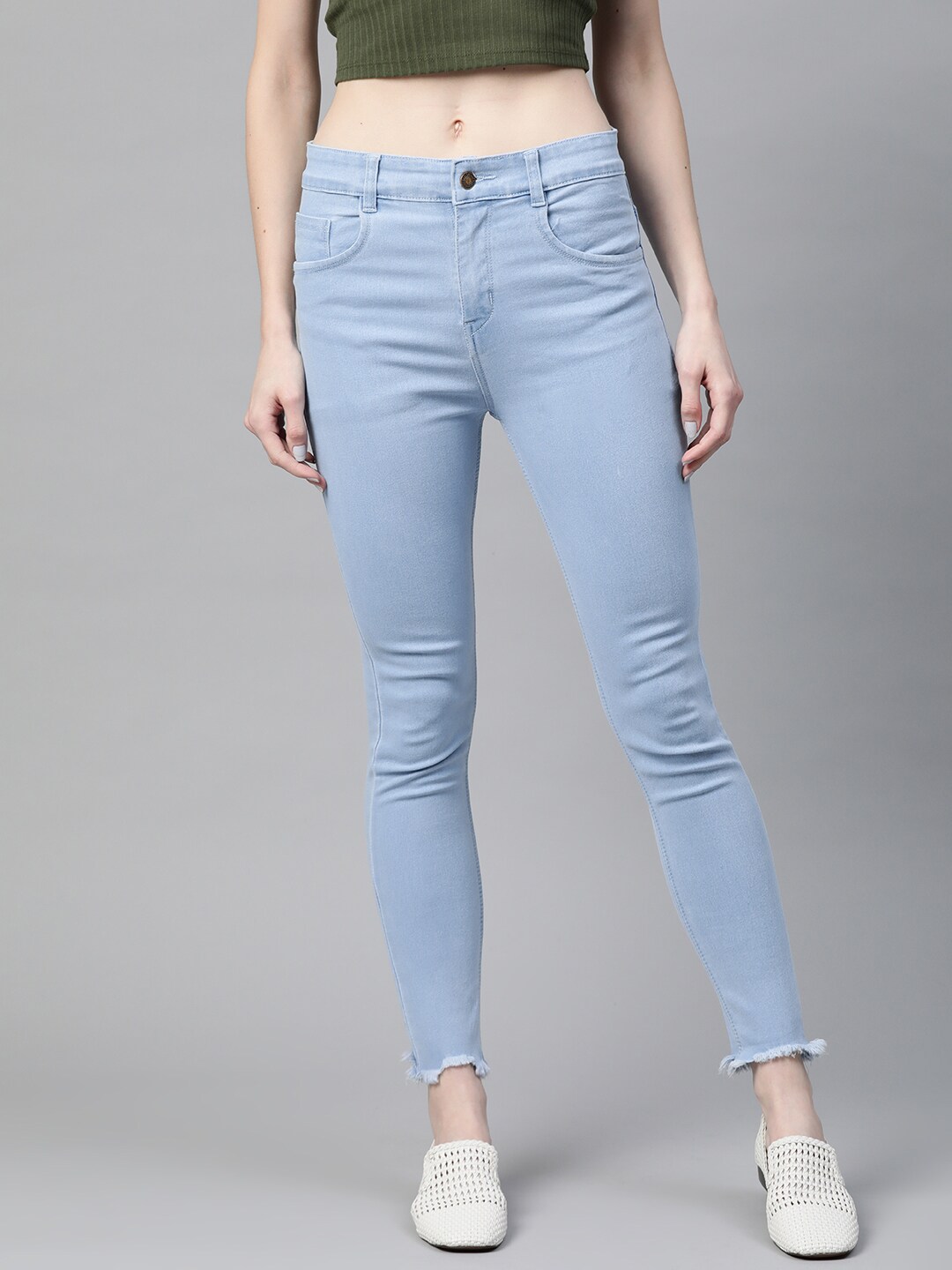 SASSAFRAS Women Blue Slim Fit High-Rise Clean Look Stretchable Raw Edge Hem Jeans Price in India