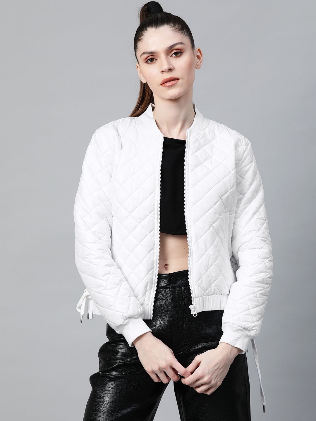 SASSAFRAS Women White Solid Quilted Bomber Jacket Price in India