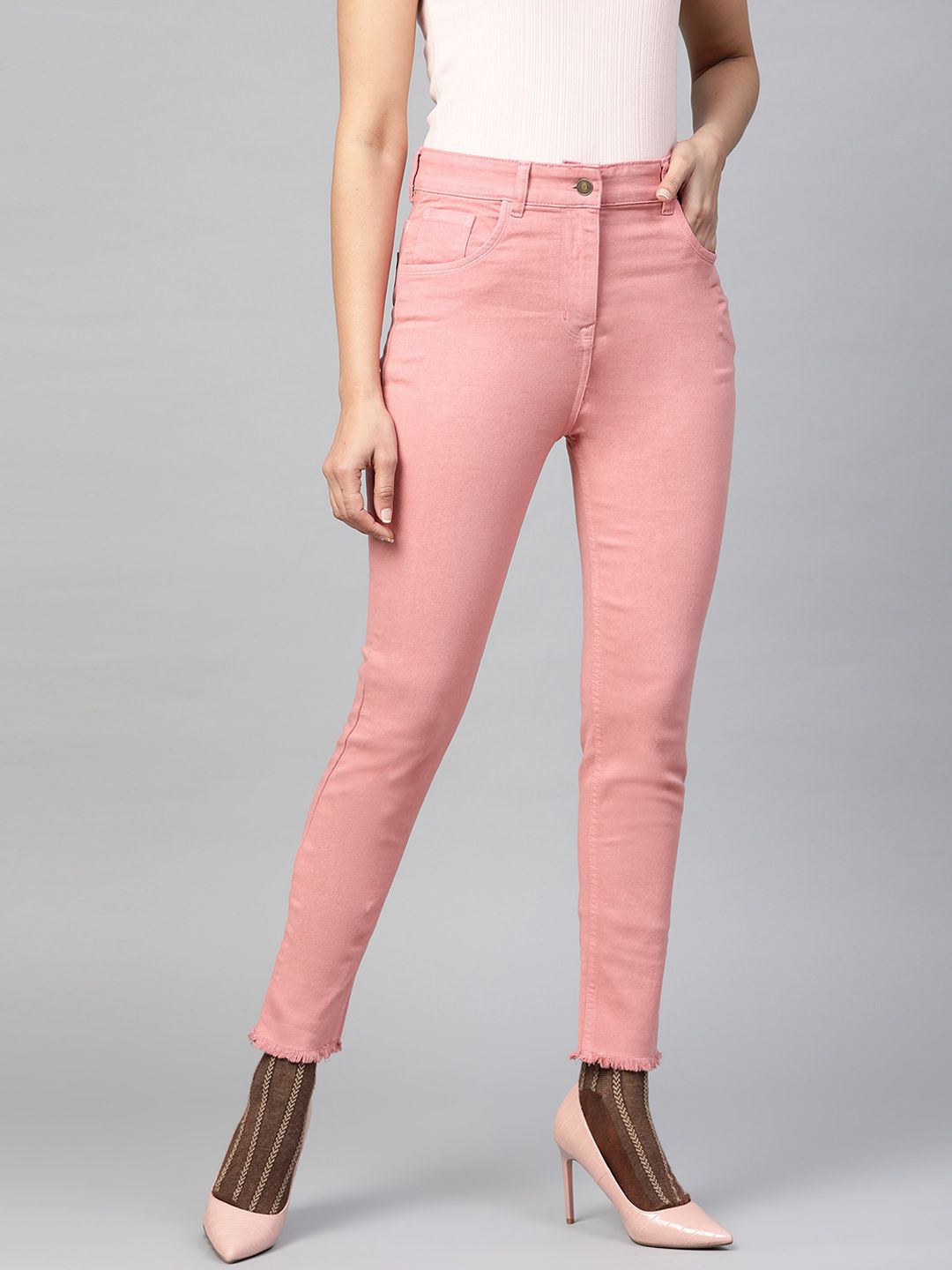 SASSAFRAS Women Pink Slim Fit High-Rise Clean Look Stretchable Cropped Jeans Price in India