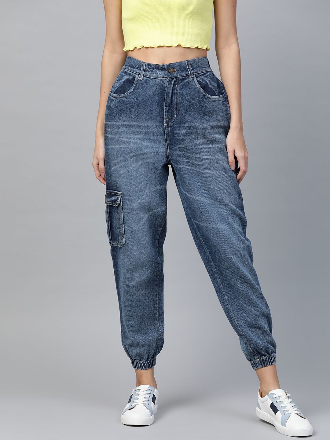 SASSAFRAS Women Blue Pure Cotton Jogger High-Rise Non-Stretchable Clean Look Jeans Price in India