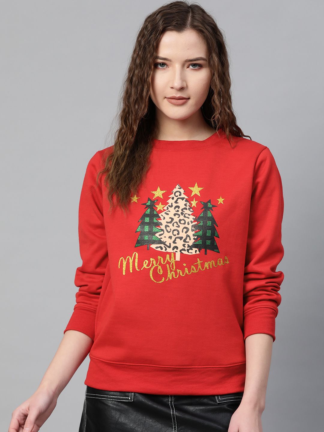 SASSAFRAS Women Red & Golden Christmas Tree Print Sweatshirt Price in India