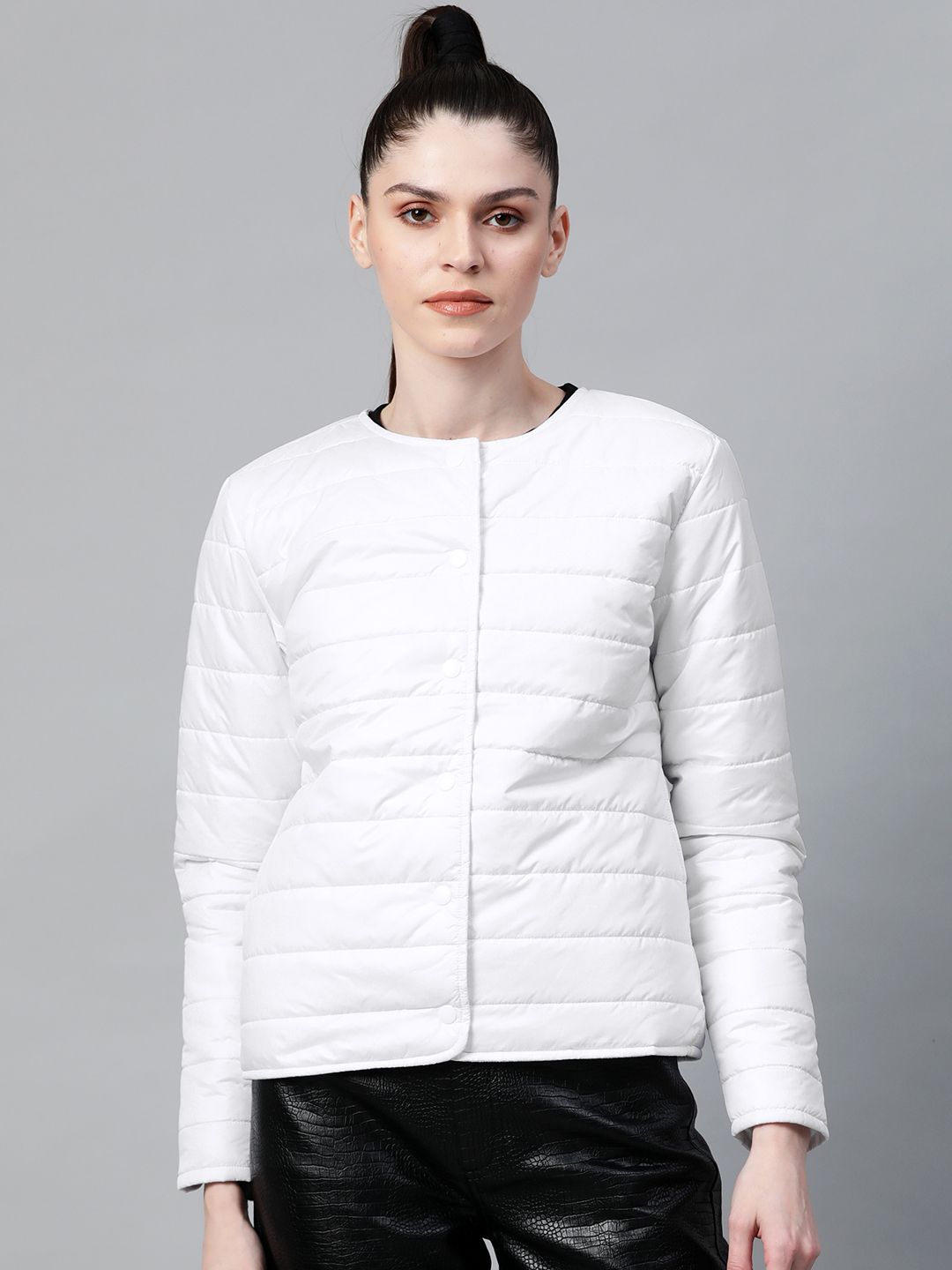 SASSAFRAS Women White Solid Quilted Jacket Price in India