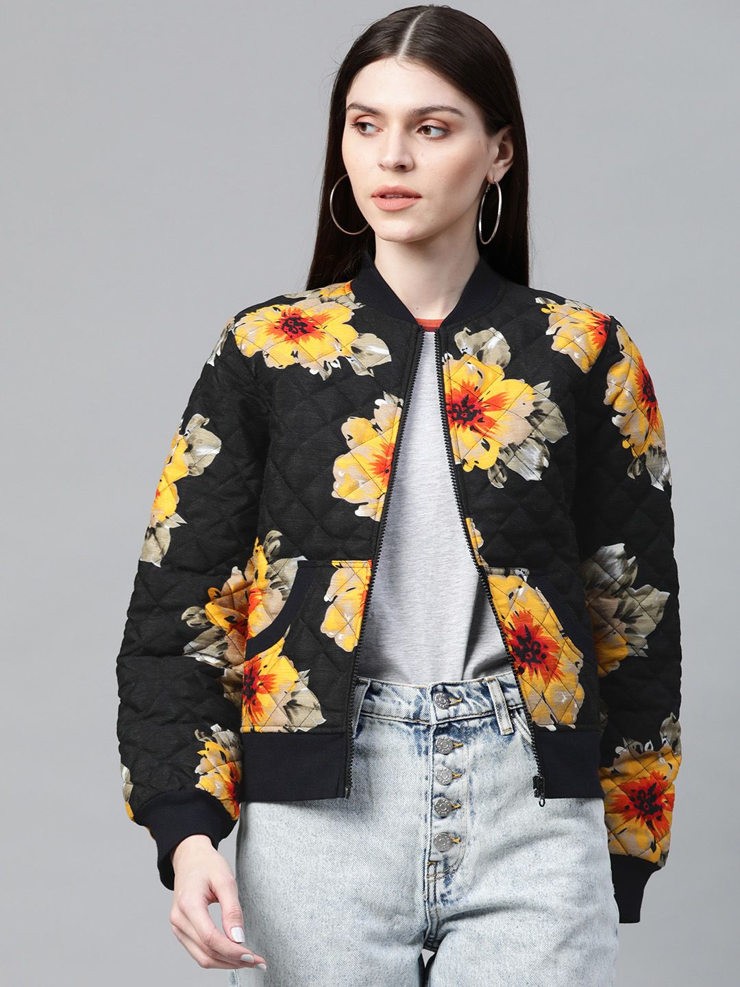 SASSAFRAS Women Black & Yellow Floral Print Quilted Bomber Jacket Price in India