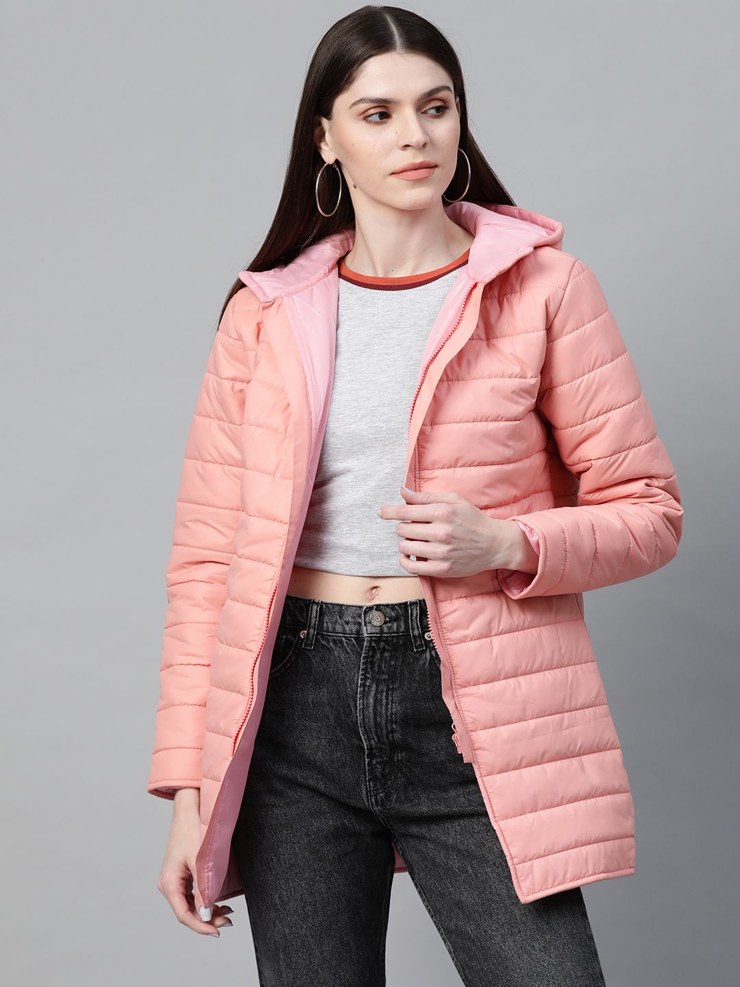 SASSAFRAS Women Peach-Coloured Solid Hooded Longline Padded Jacket Price in India