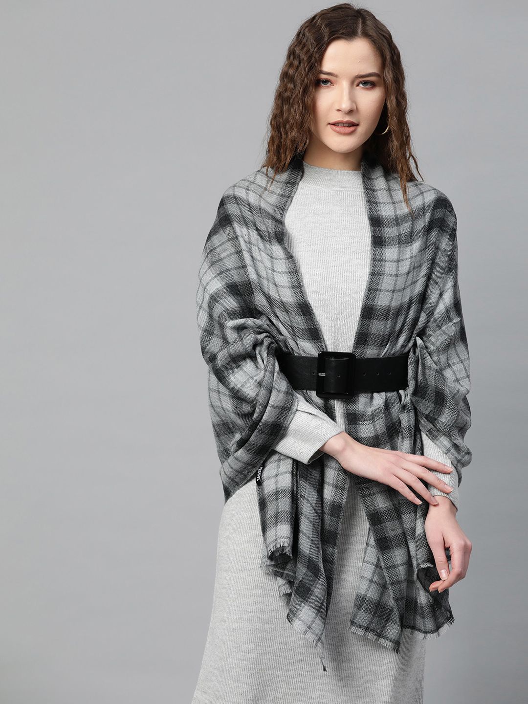 SASSAFRAS Women Acrylic Grey & Black Checked Stole Price in India