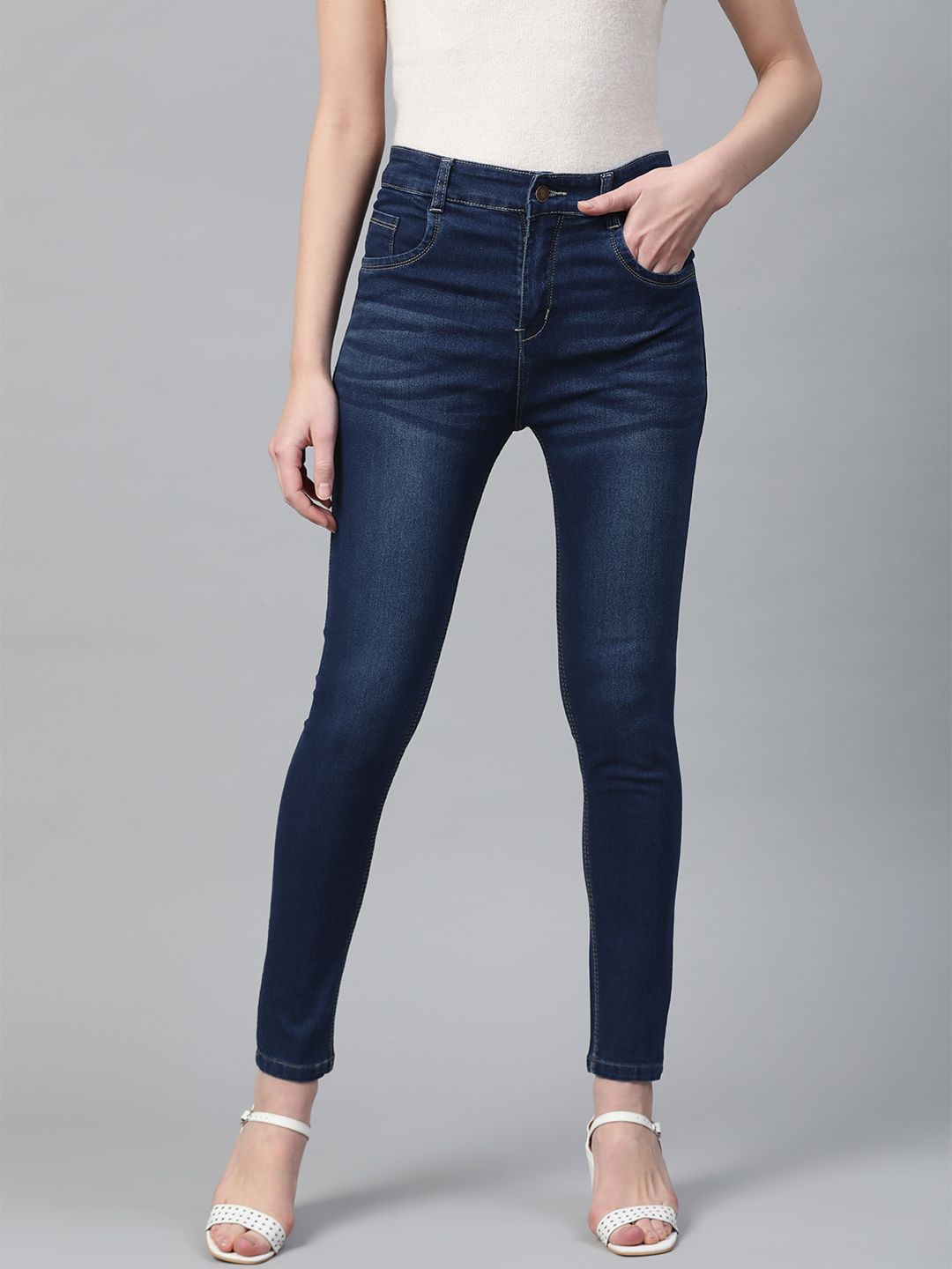 SASSAFRAS Women Navy Blue Slim Fit High-Rise Clean Look Stretchable Jeans Price in India