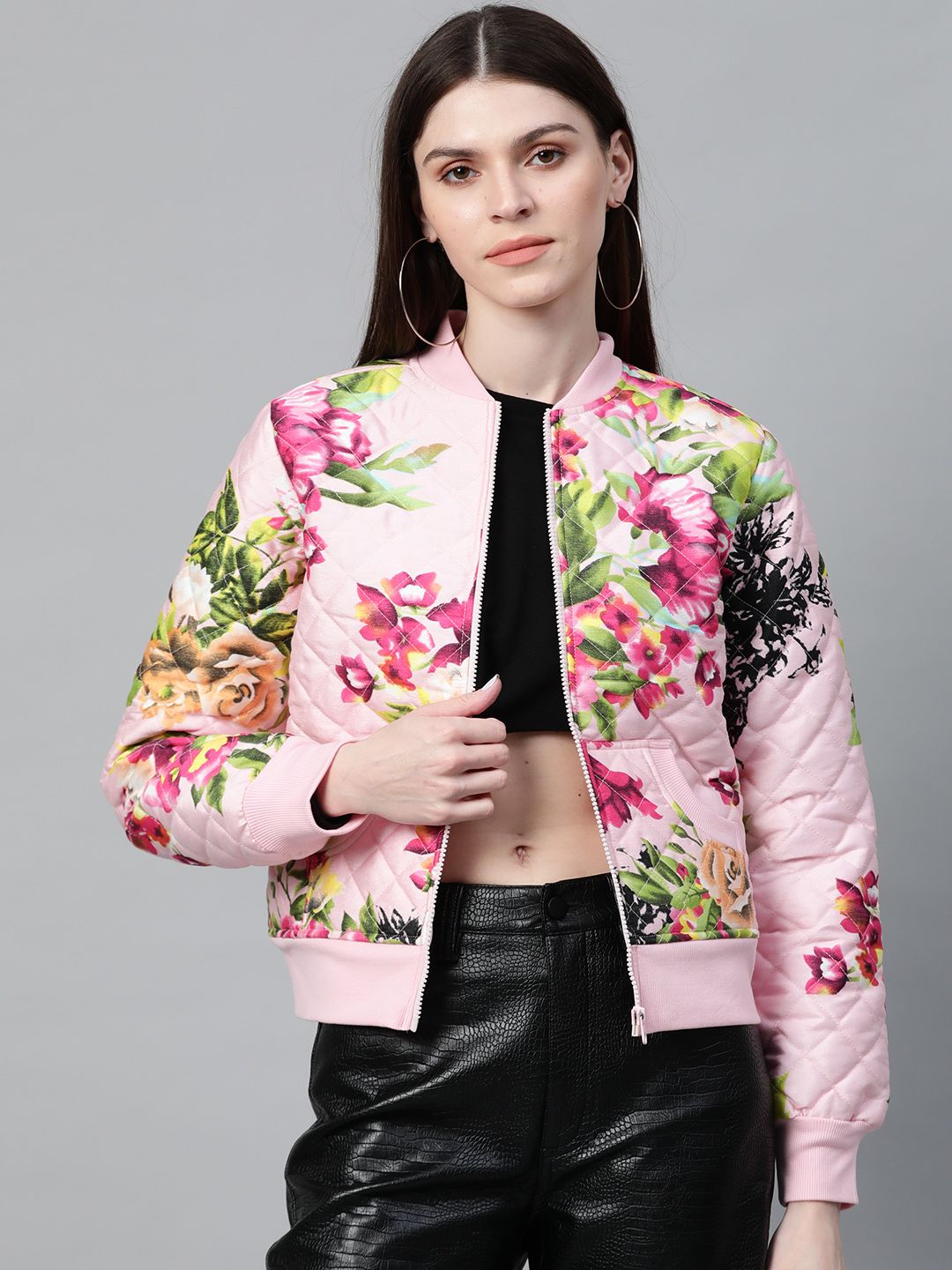 SASSAFRAS Women Pink & Green Floral Print Quilted Bomber Jacket Price in India