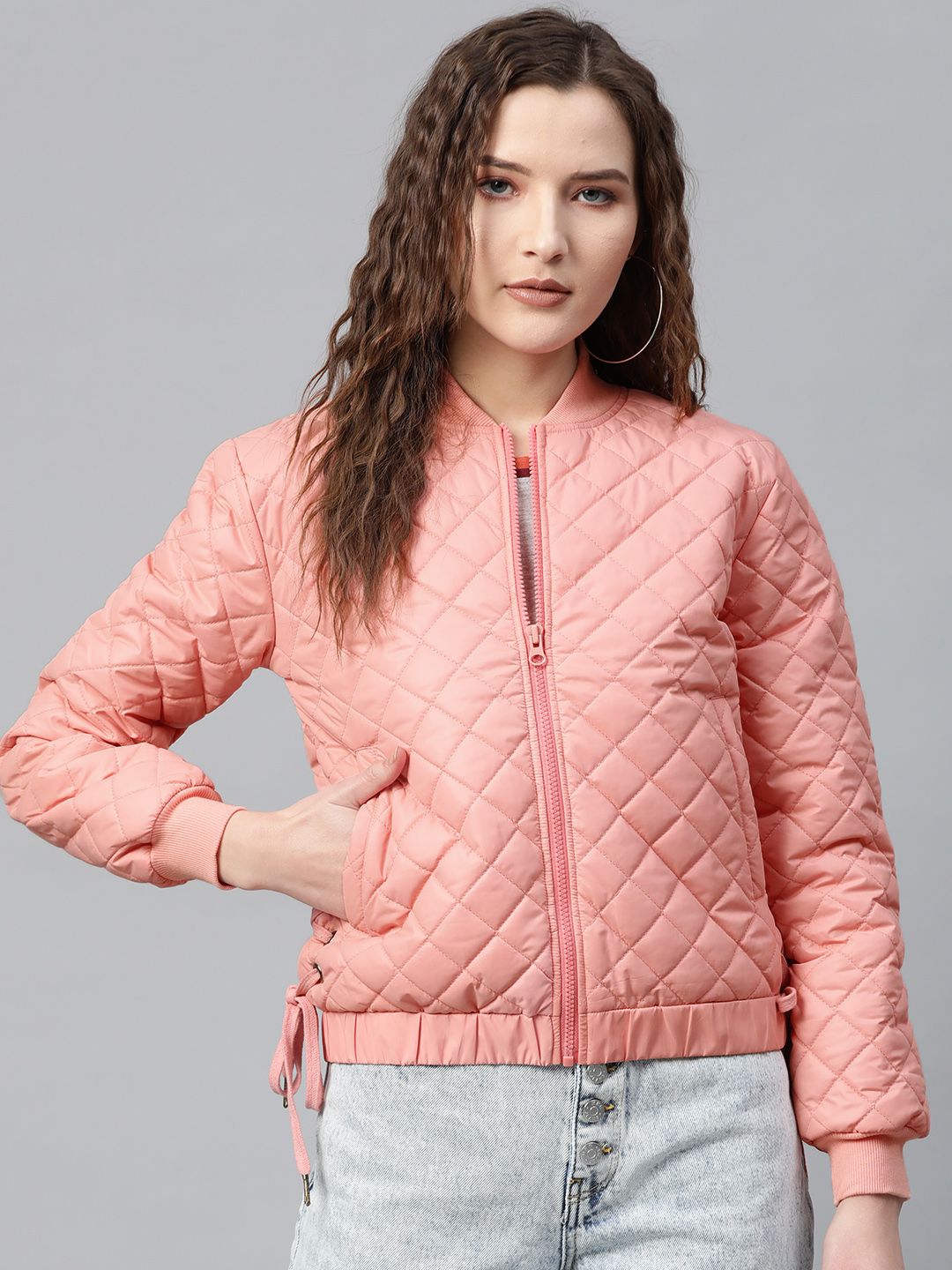 SASSAFRAS Women Peach-Coloured Solid Quilted Bomber Jacket Price in India
